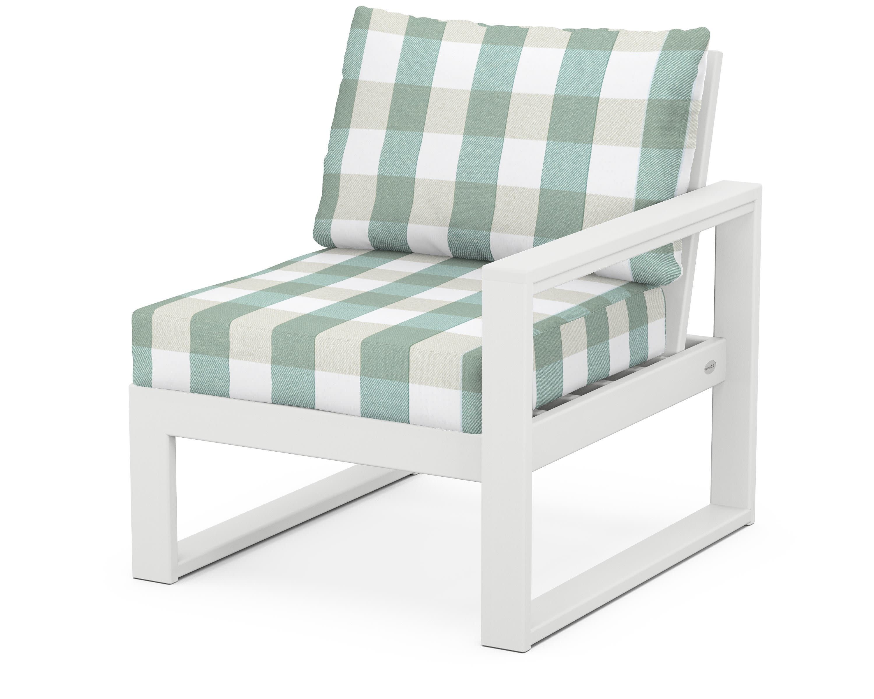 EDGE Modular Right Arm Chair in White / Buffalo Plaid Glacier Spa