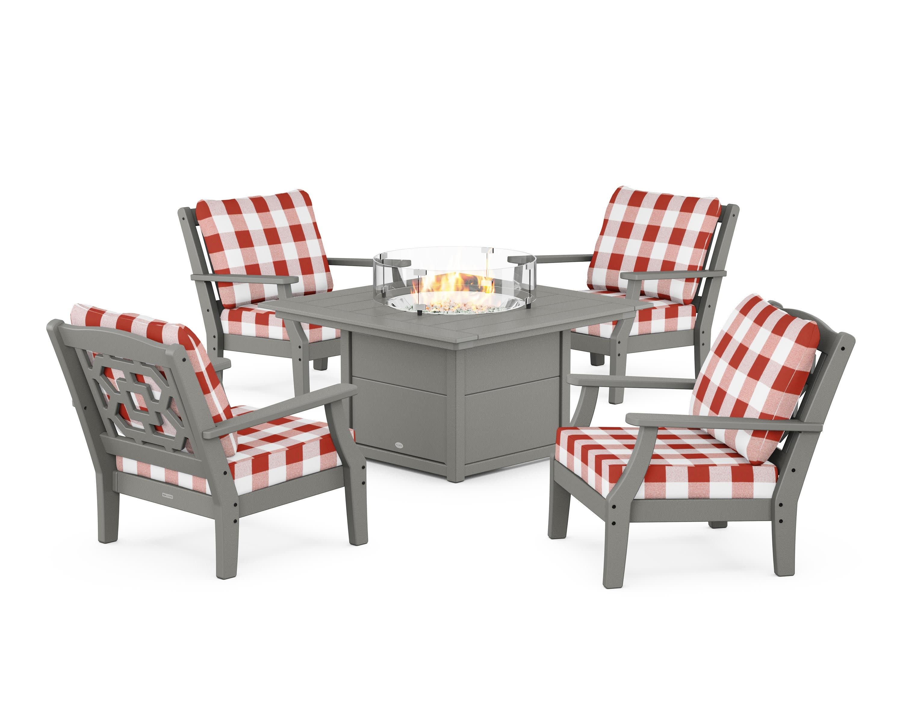 Chinoiserie 5-Piece Deep Seating Set with Fire Pit Table in Slate Grey / Buffalo Plaid Crimson