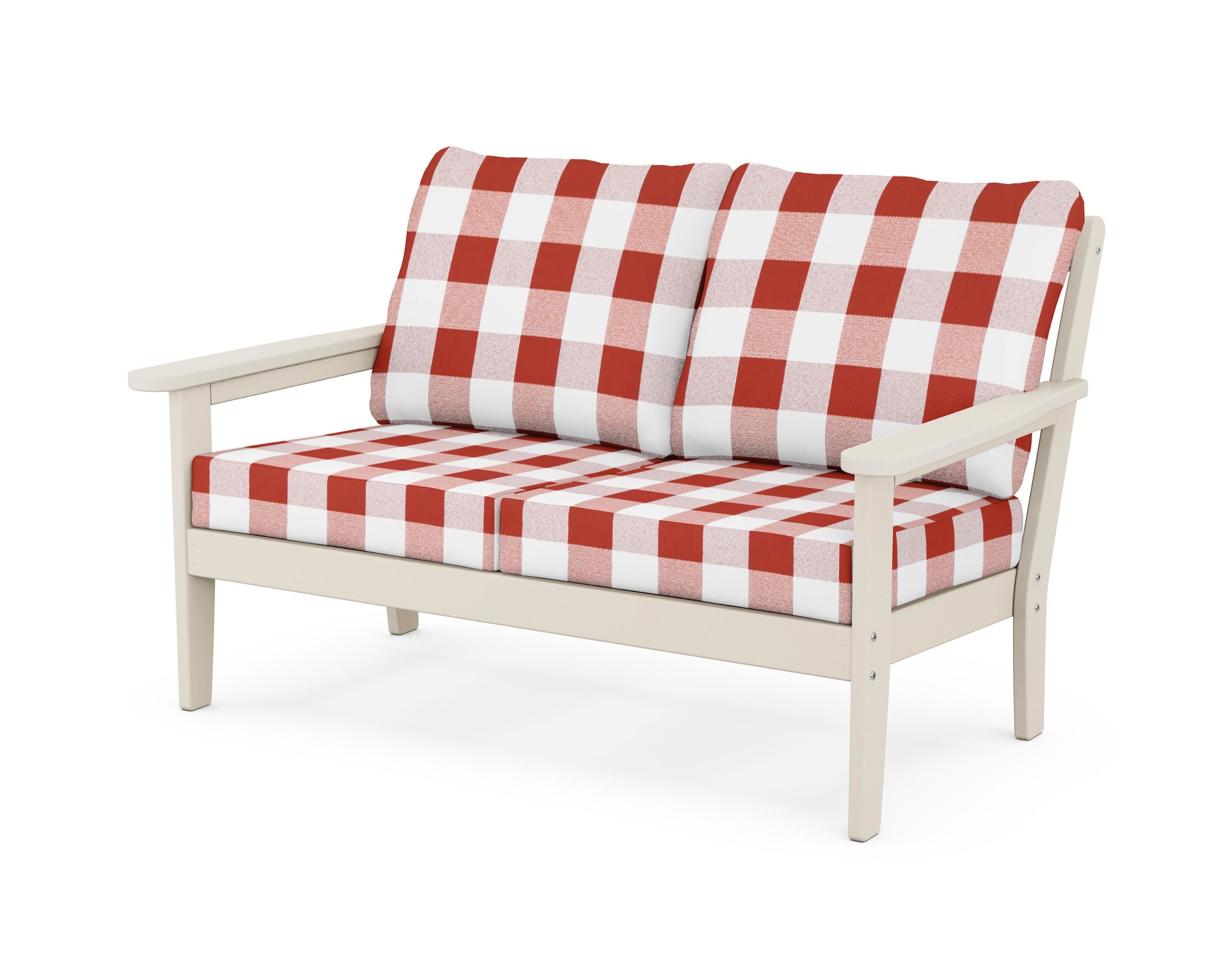 Cottage Deep Seating Loveseat in Sand / Buffalo Plaid Crimson