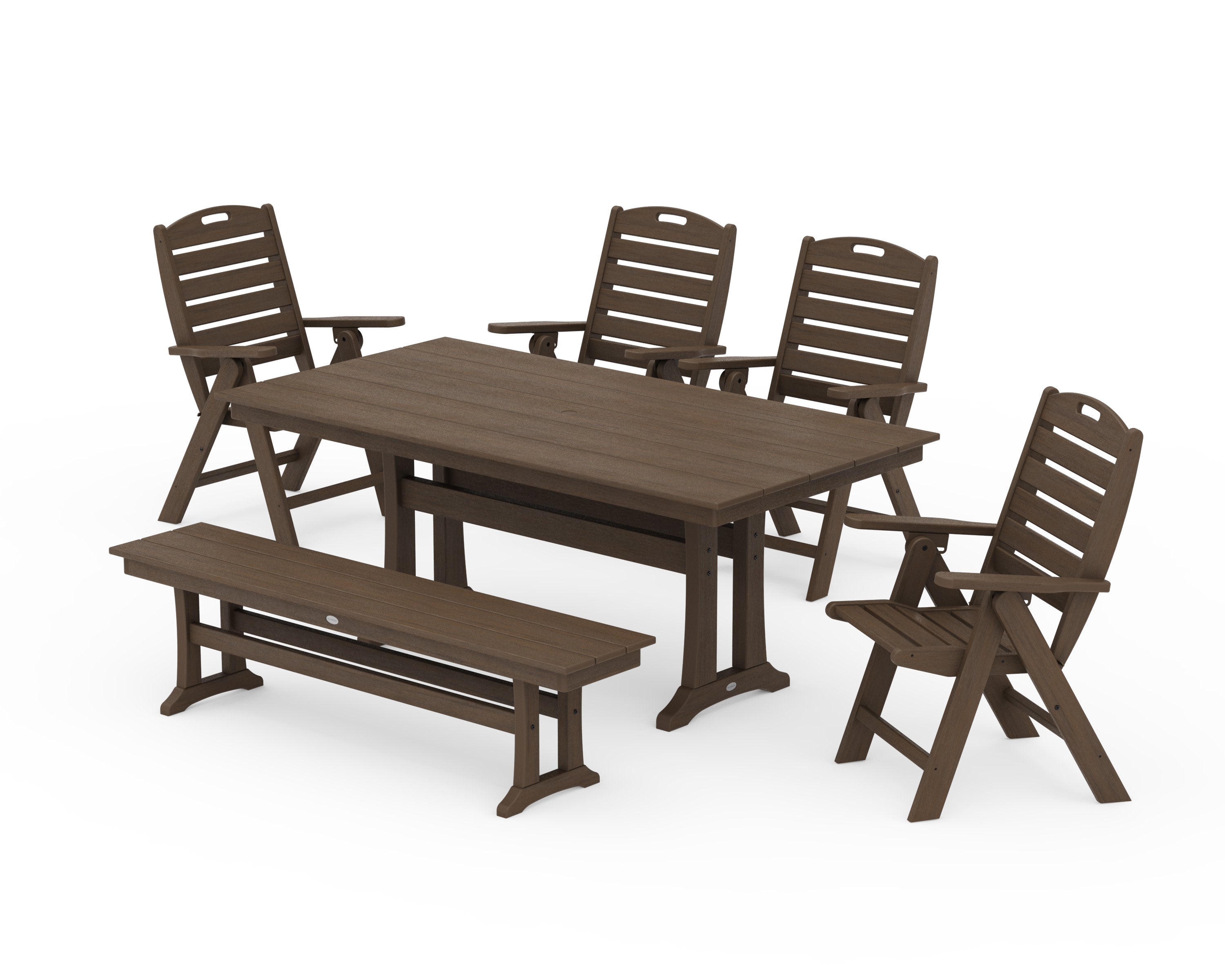 Nautical Highback 6-Piece Farmhouse Dining Set with Trestle Legs and Bench in Kona