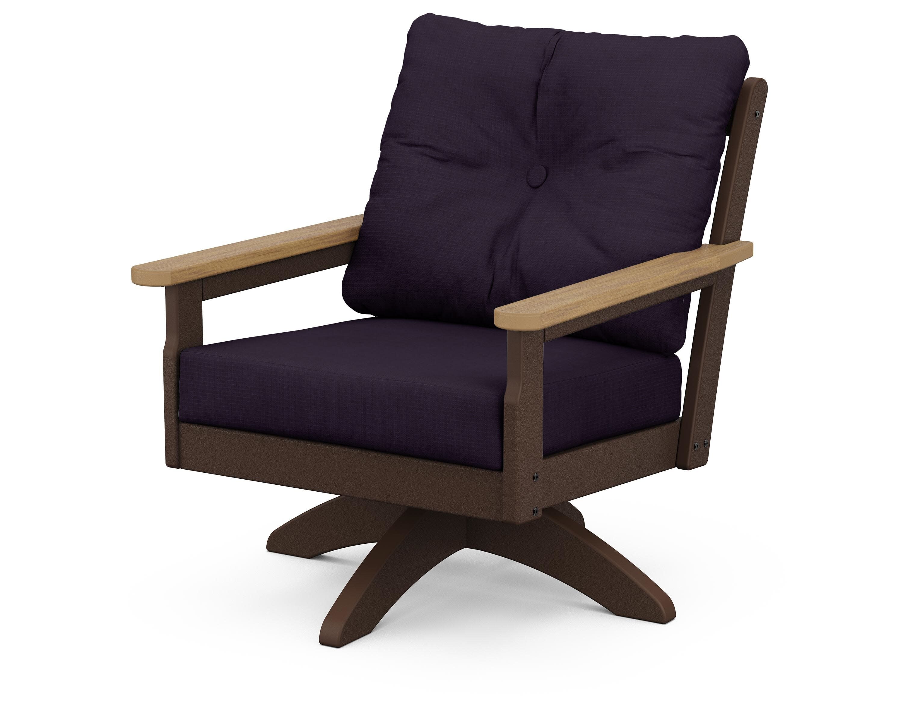 Vineyard Deep Seating Swivel Chair in Mahogany / Natural / Navy Linen