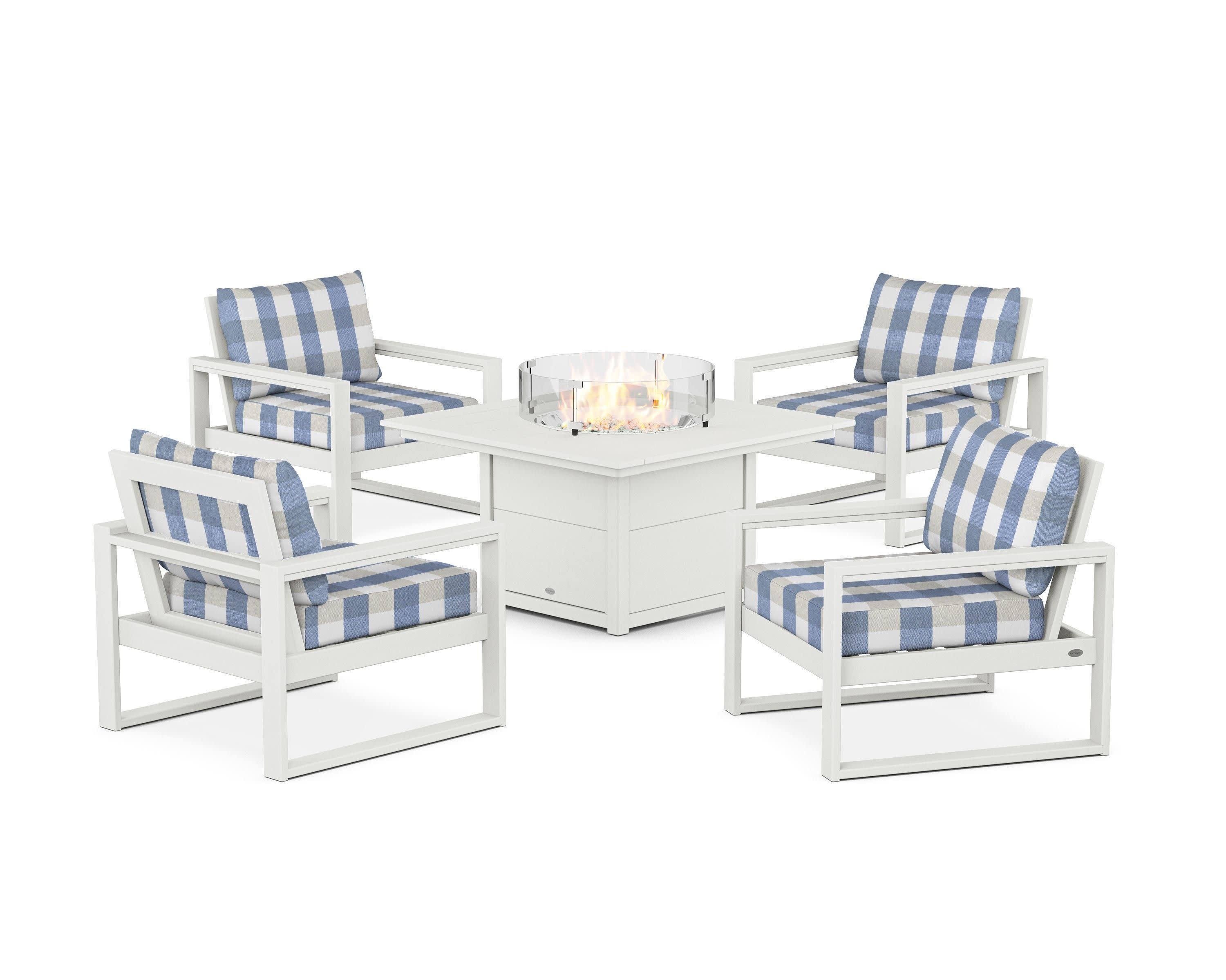 EDGE Sectional 5-Piece Deep Seating Set with Fire Pit Table in Vintage White / Buffalo Plaid Sky Blue