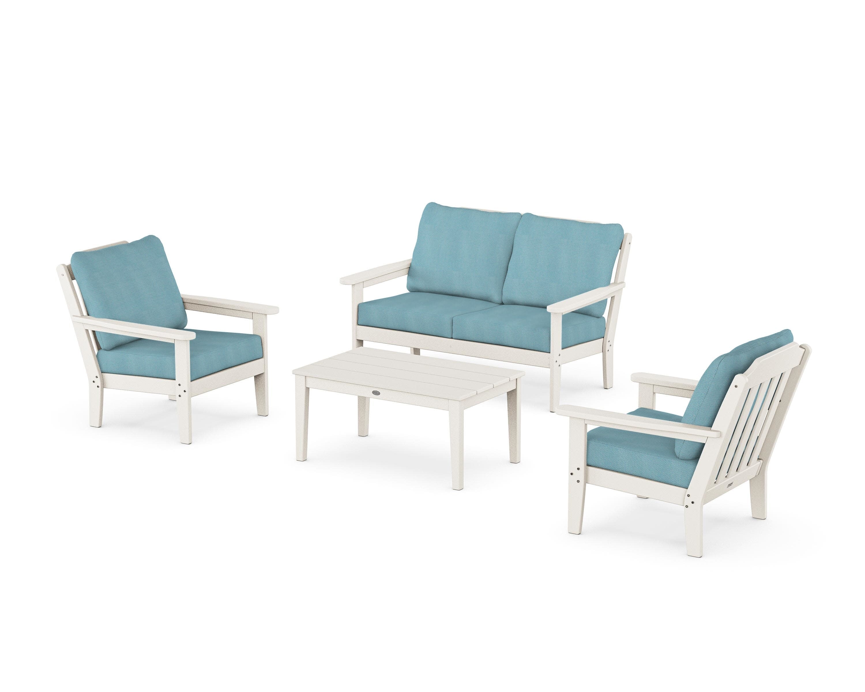 Cottage 4-Piece Deep Seating Set with Loveseat in Sand / Lattice Sky Blue
