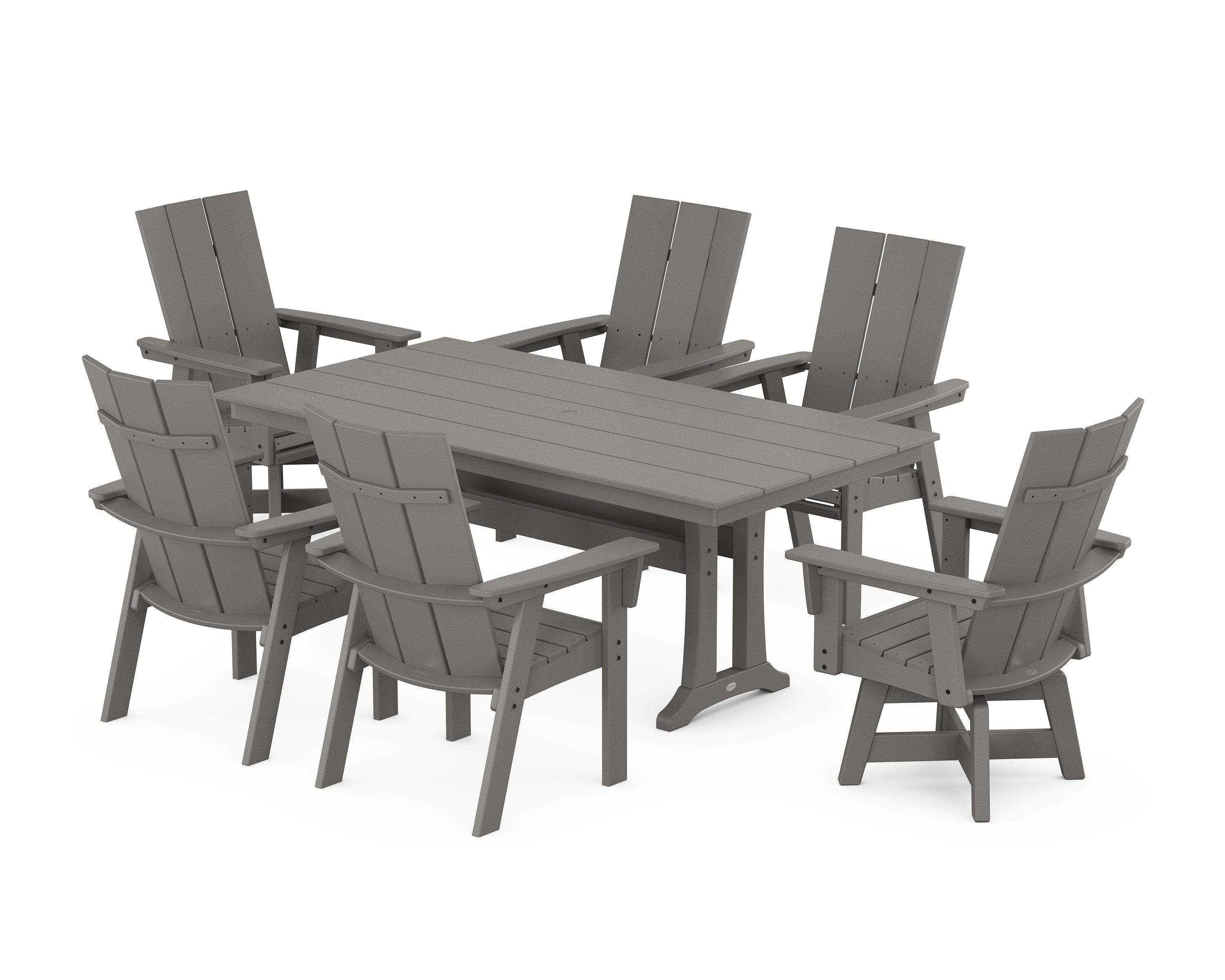 Modern Curveback Adirondack Swivel Chair 7-Piece Farmhouse Dining Set With Trestle Legs in Slate Grey