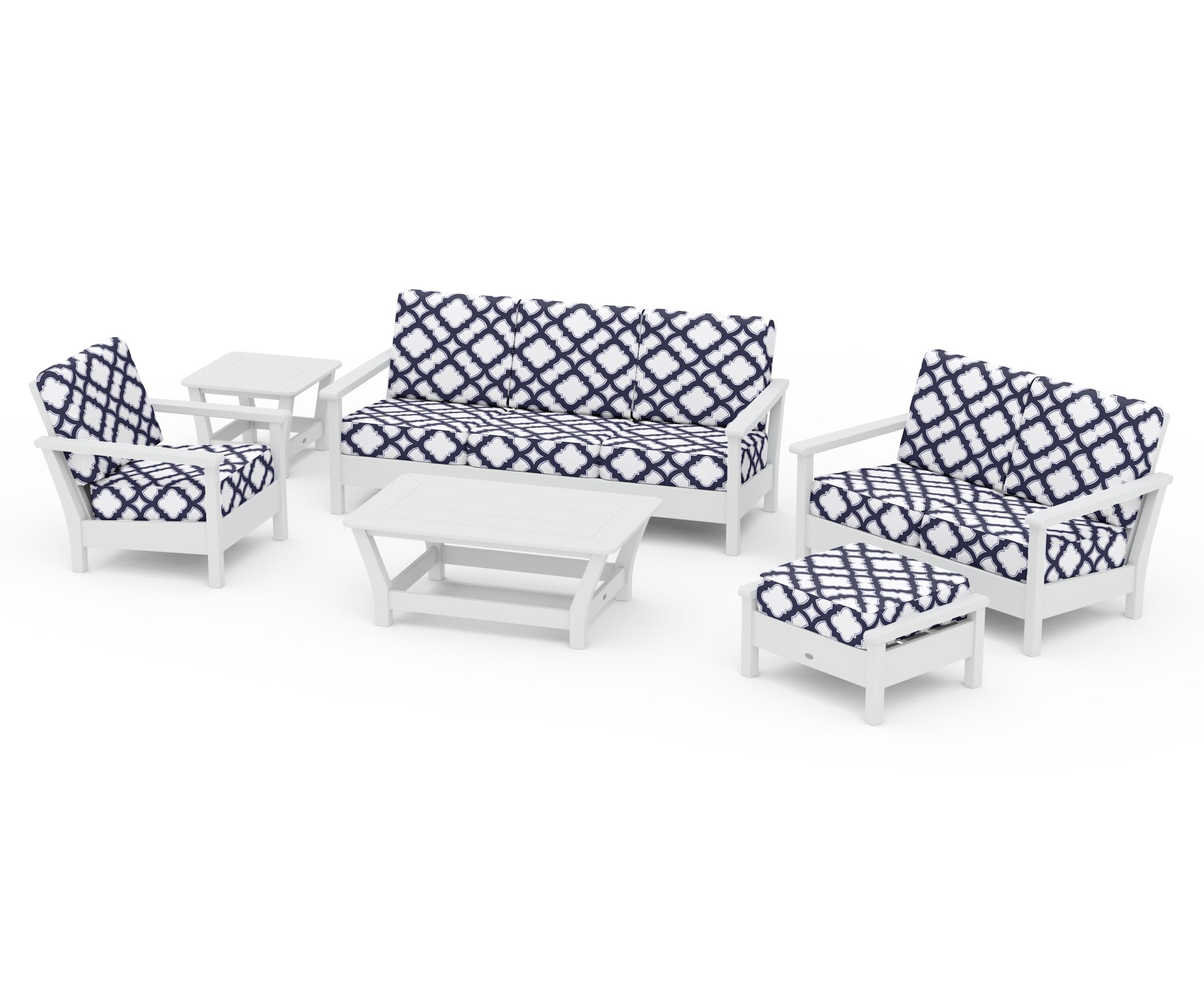 Harbour 6-Piece Outdoor Living Set in White / Trellis Navy