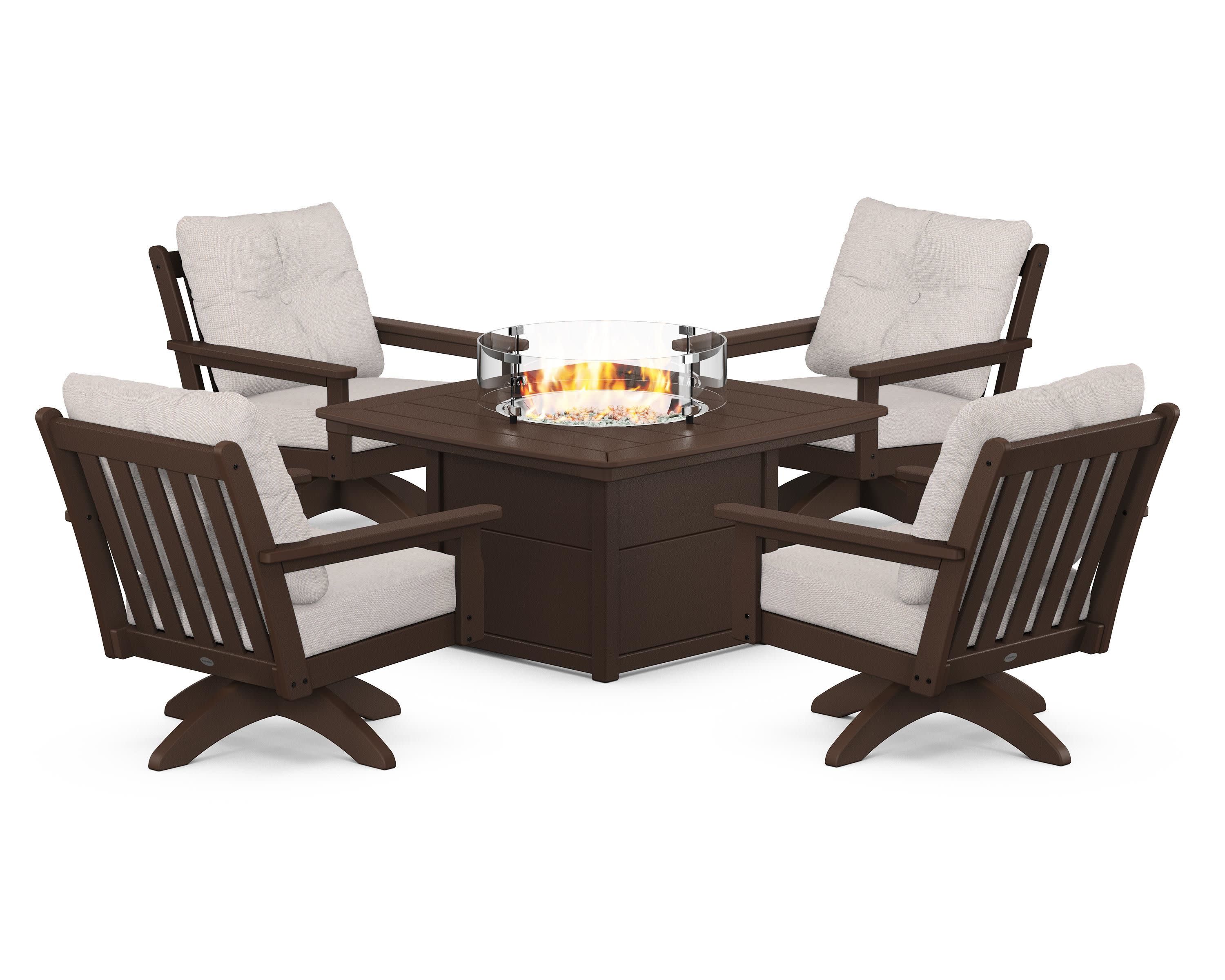 Vineyard 5-Piece Deep Seating Swivel Conversation Set with Fire Pit Table in Mahogany / Dune Burlap