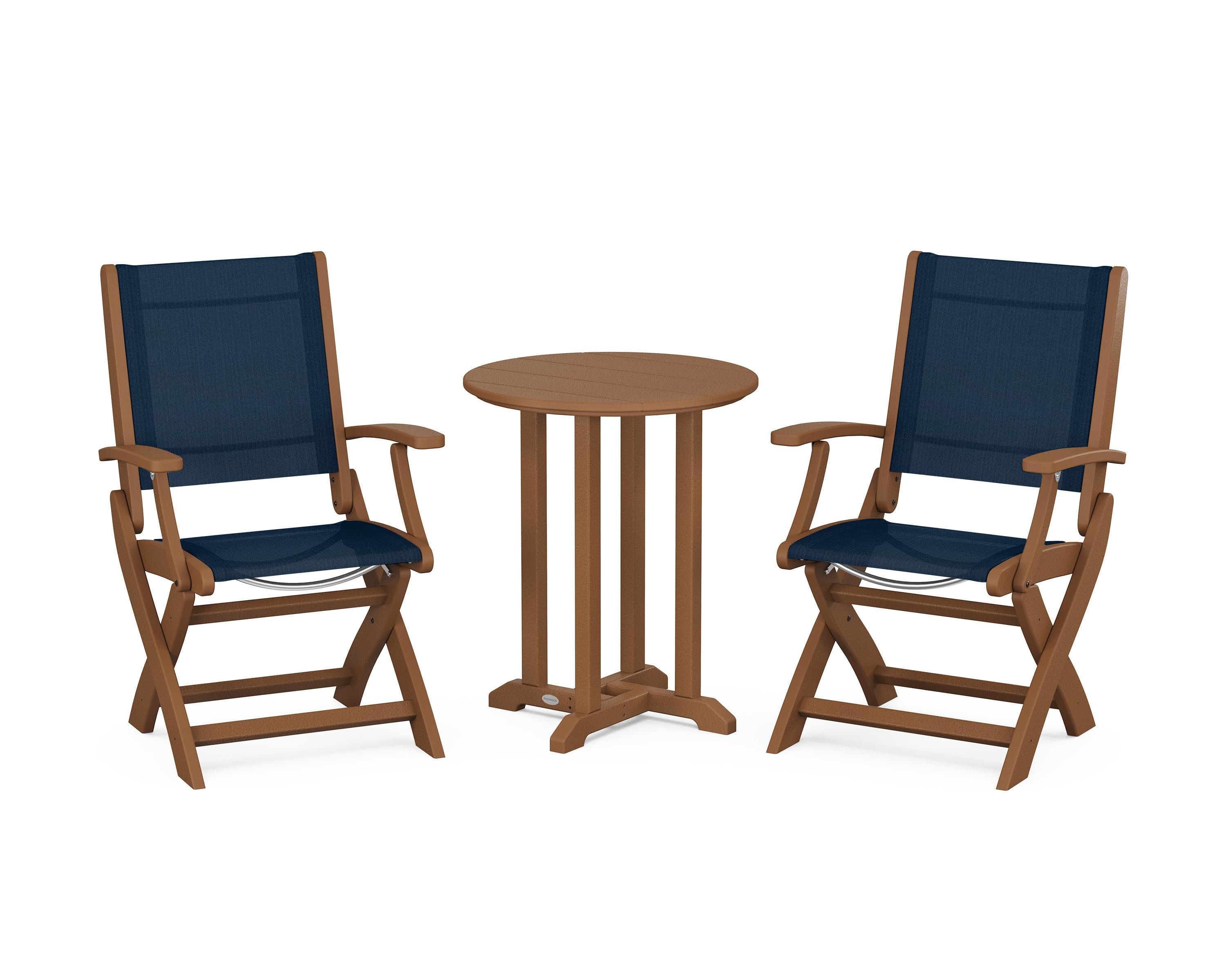 Coastal Folding 3-Piece Round Bistro Dining Set in Teak / Navy Blue Sling