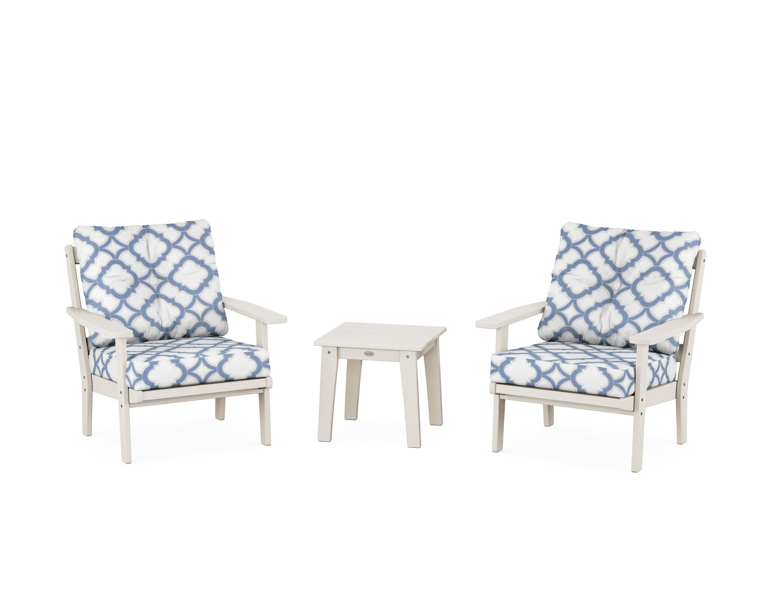 Oxford 3-Piece Deep Seating Set in Sand / Trellis Sky Blue