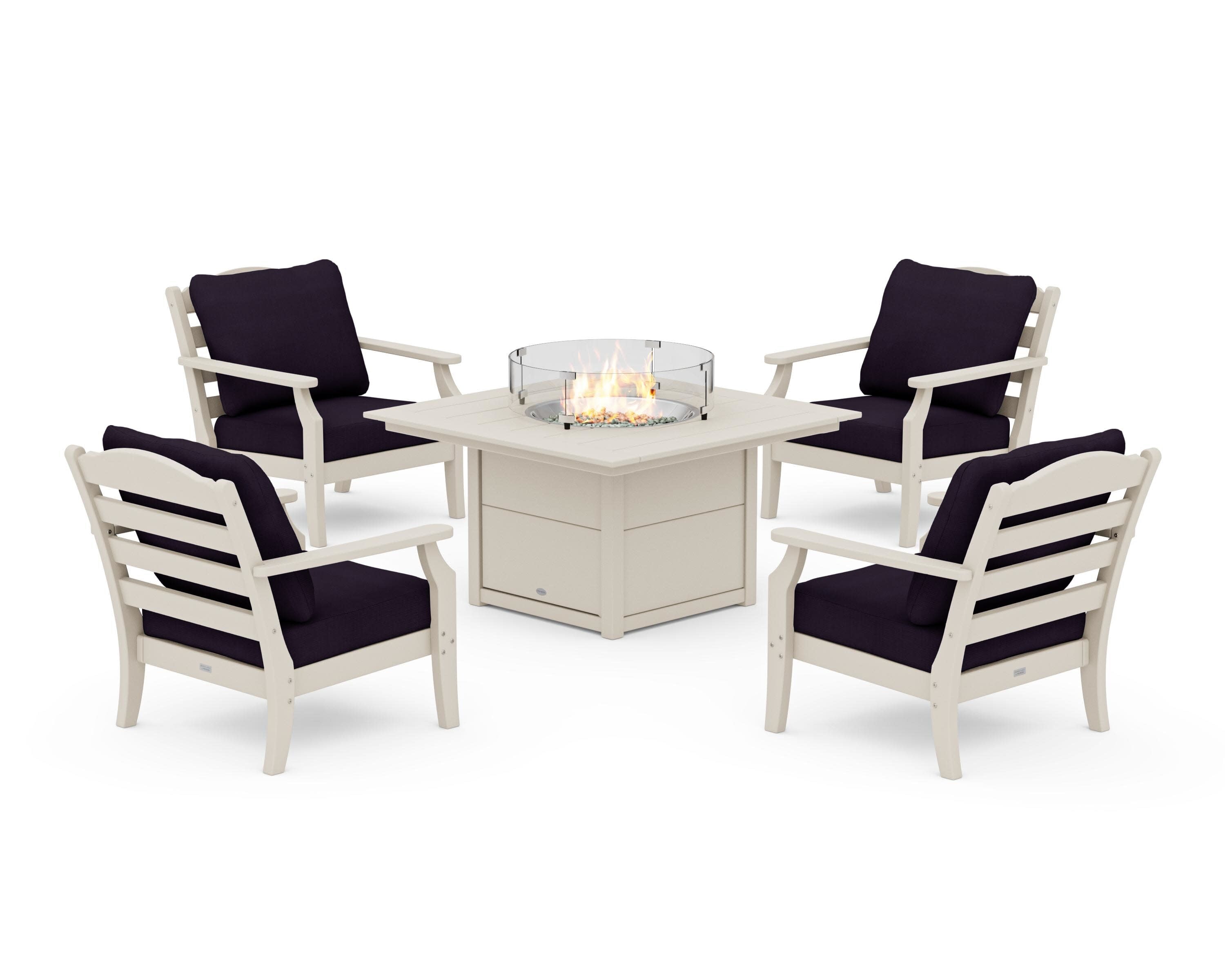 Savannah 5-Piece Deep Seating Set with Fire Pit Table in Sand / Navy Linen