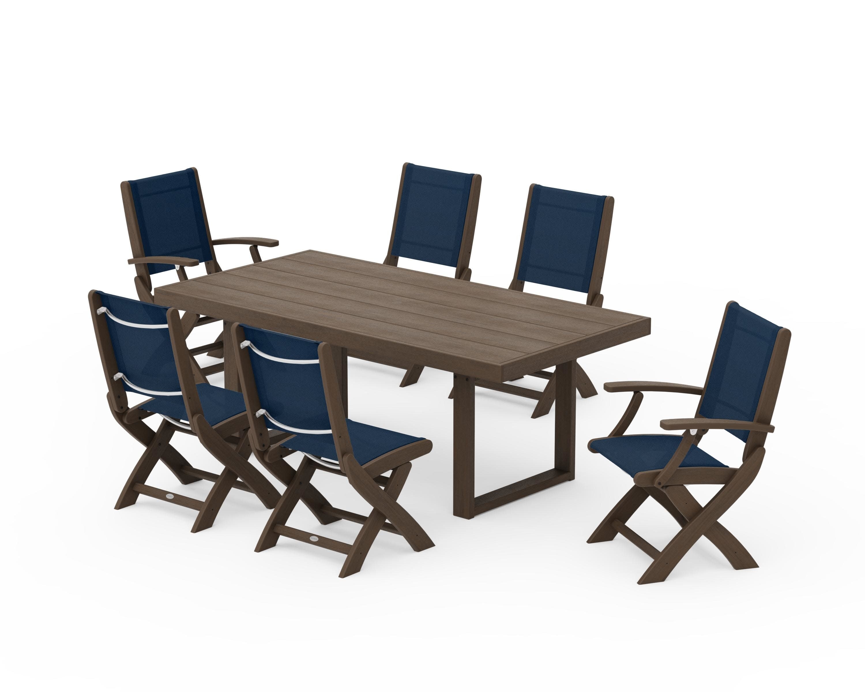 Coastal Folding Chair 7-Piece Dining Set with Trestle Legs in Kona / Navy Blue Sling