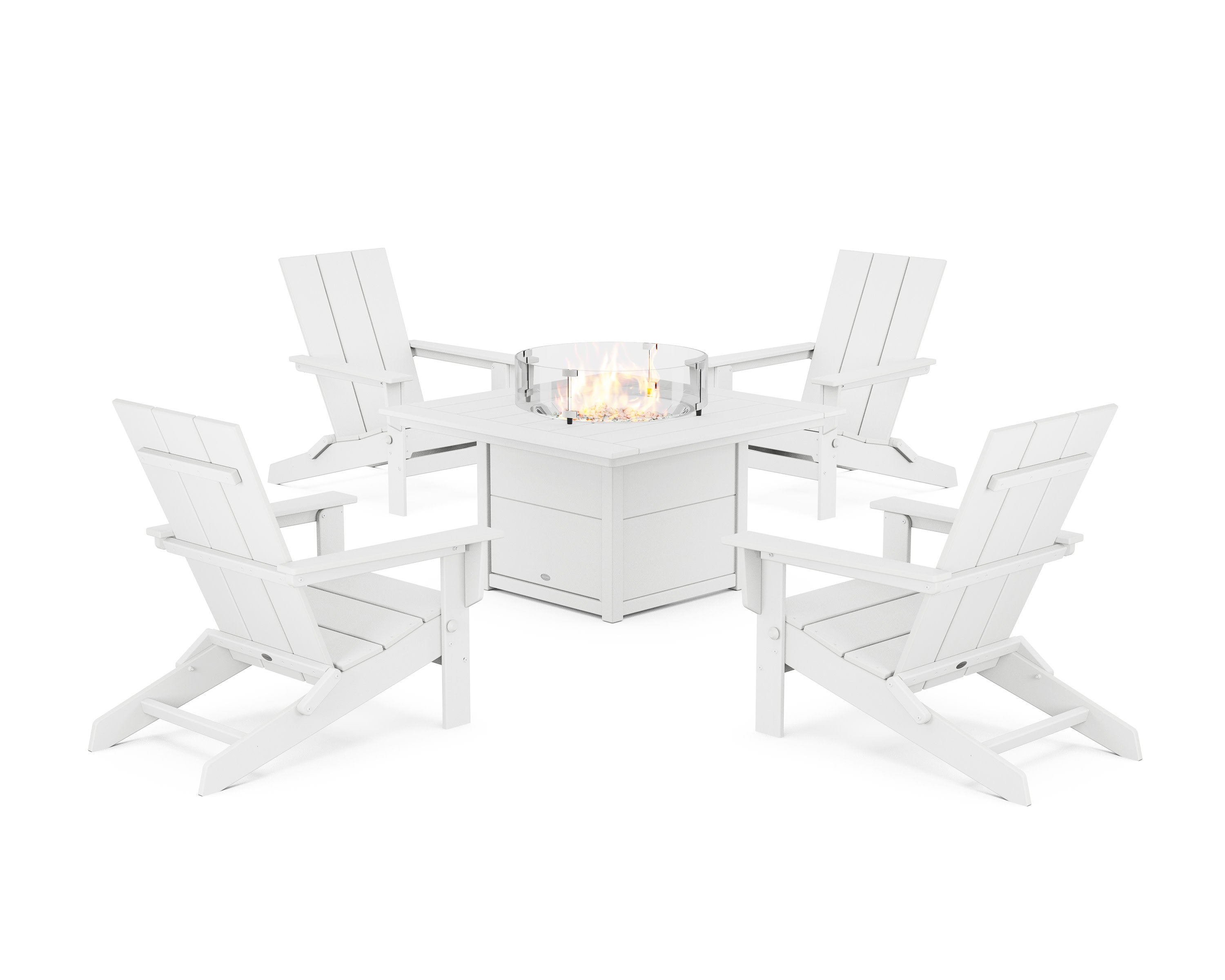 5-Piece Modern Studio Folding Adirondack Conversation Set with Fire Pit Table in White