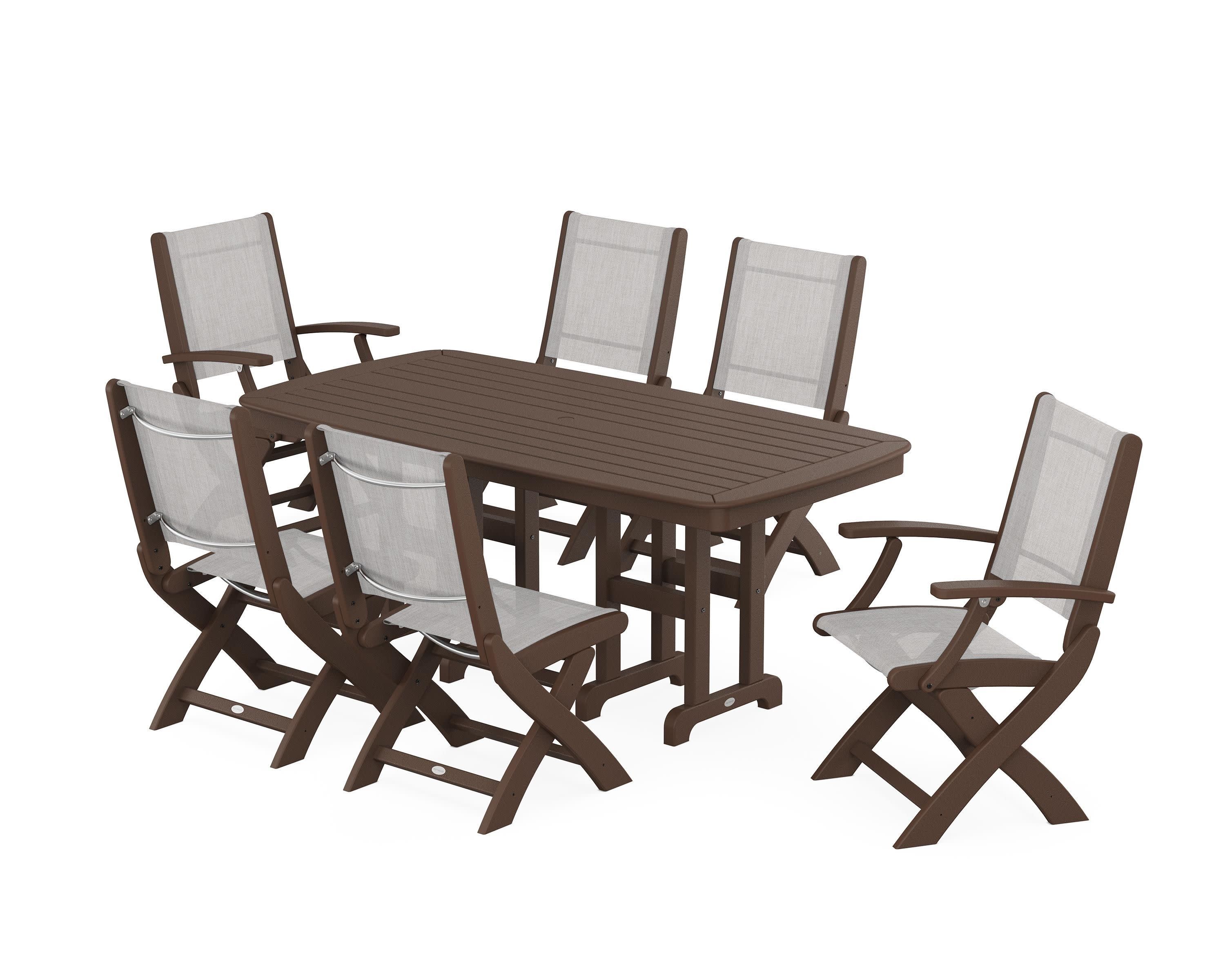 Coastal Folding Chair 7-Piece Dining Set in Mahogany / Parchment Sling