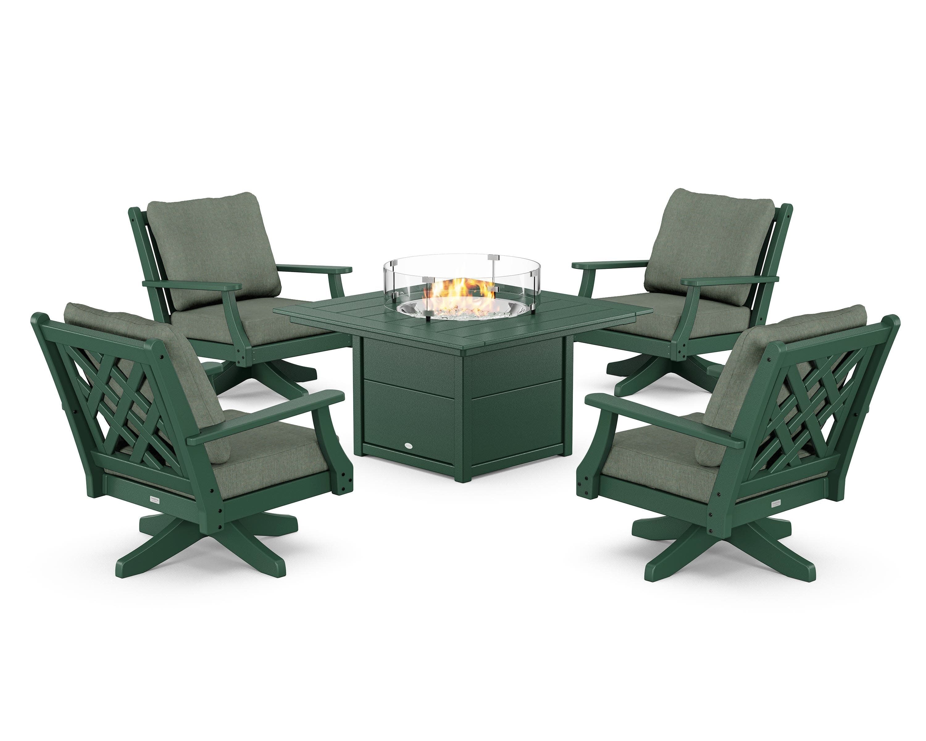 Wovendale 5-Piece Deep Seating Swivel Conversation Set with Fire Pit Table in Green / Cast Sage