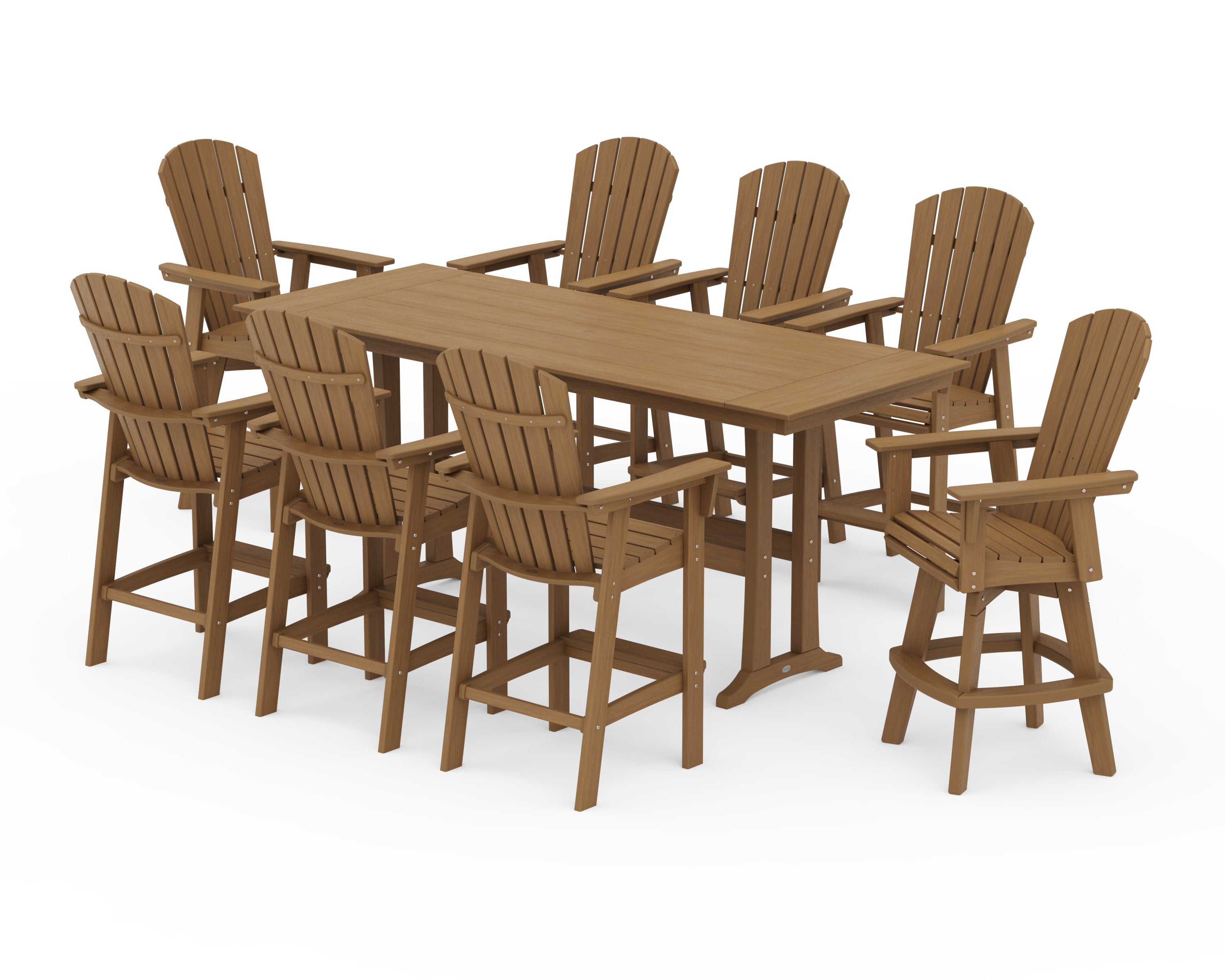 Nautical Curveback Adirondack Swivel Chair 9-Piece Farmhouse Bar Set with Trestle Legs in Natural