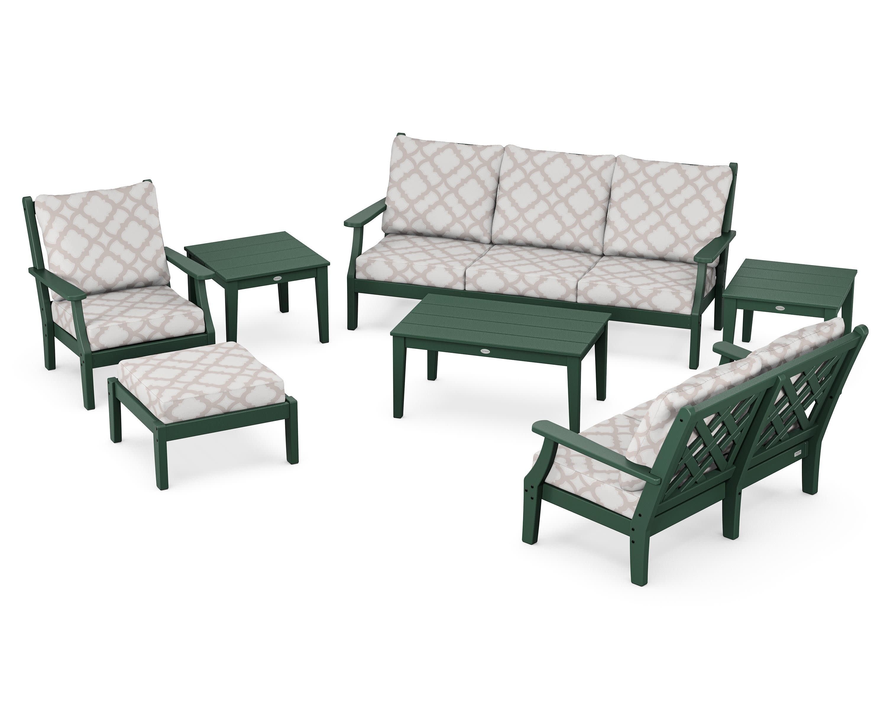 Wovendale 7-Piece Deep Seating Set in Green / Trellis Dune Burlap