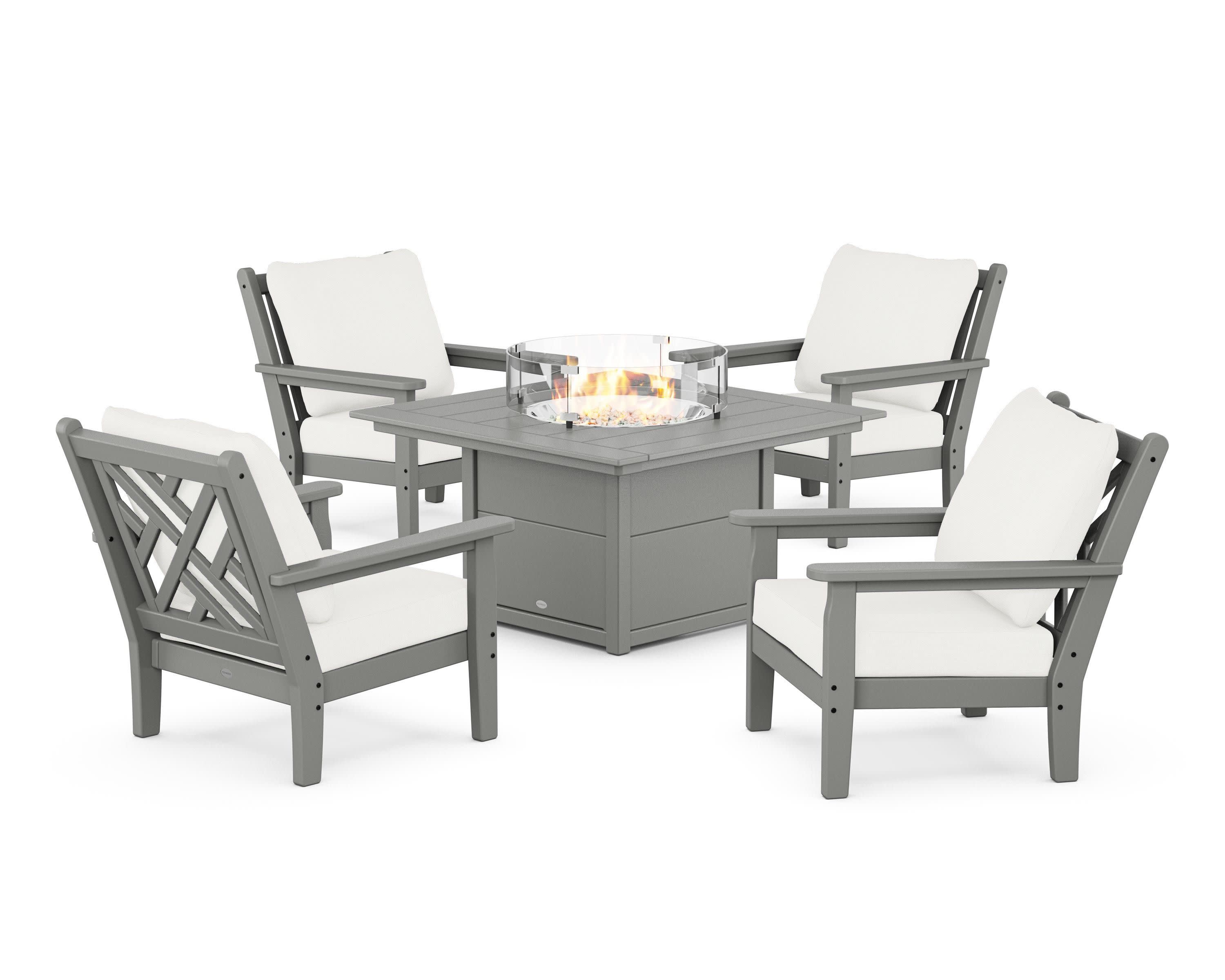 Chippendale 5-Piece Deep Seating Set with Fire Pit Table in Slate Grey / Natural Linen