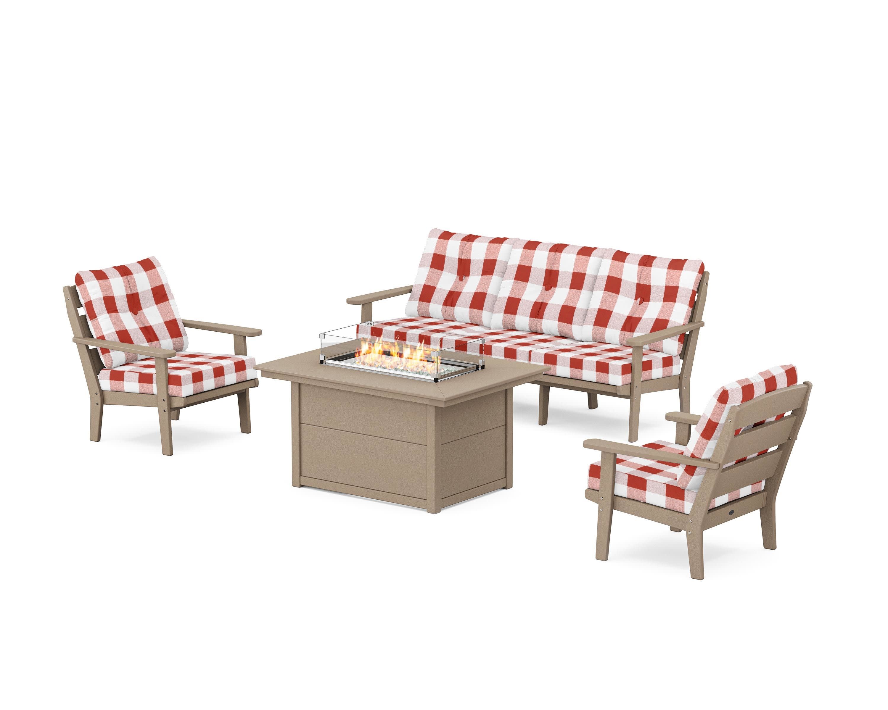 Lakeside Deep Seating Fire Pit Table Set in Vintage Sahara / Buffalo Plaid Crimson