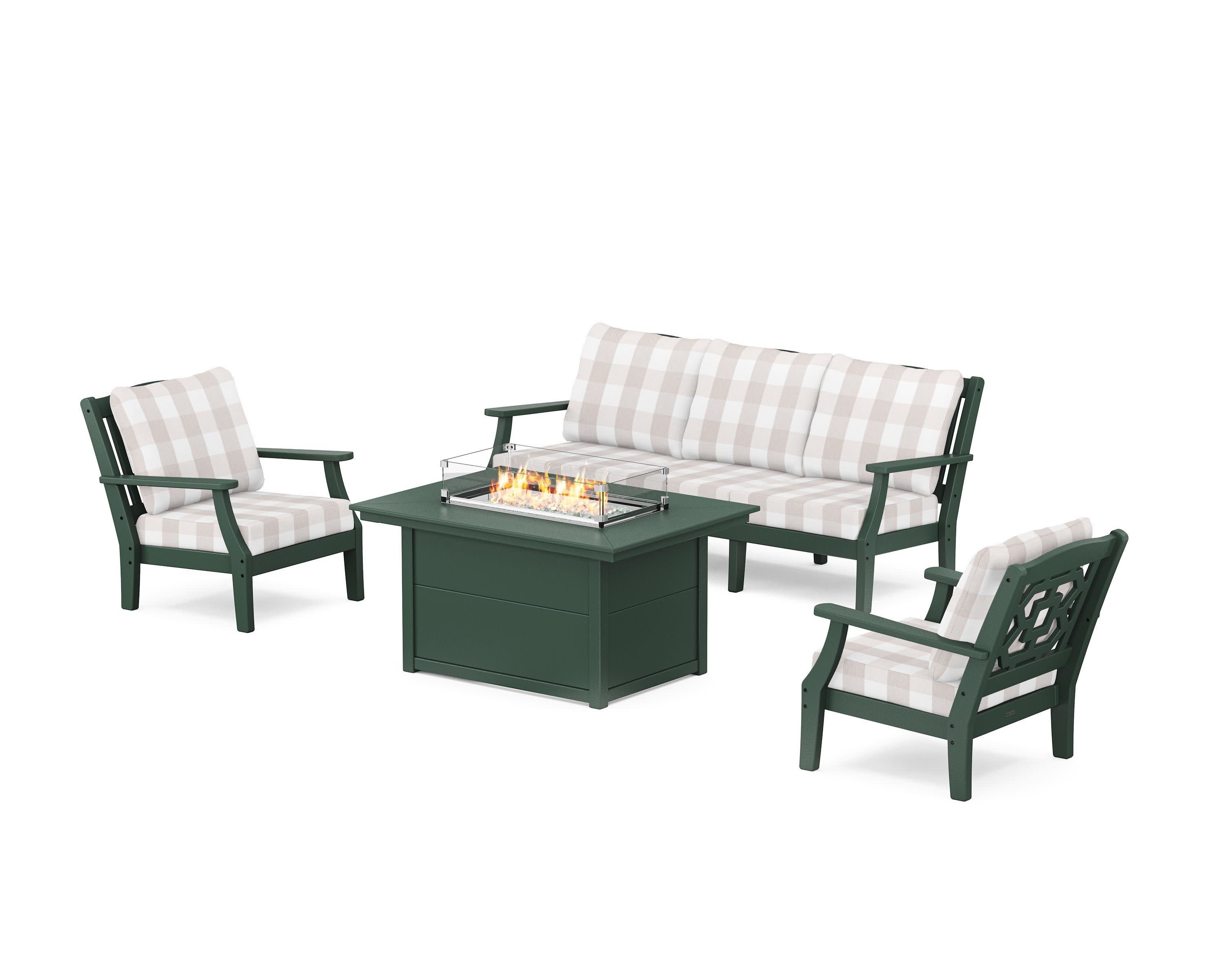 Chinoiserie Deep Seating Fire Pit Table Set in Green / Buffalo Plaid Dune Burlap