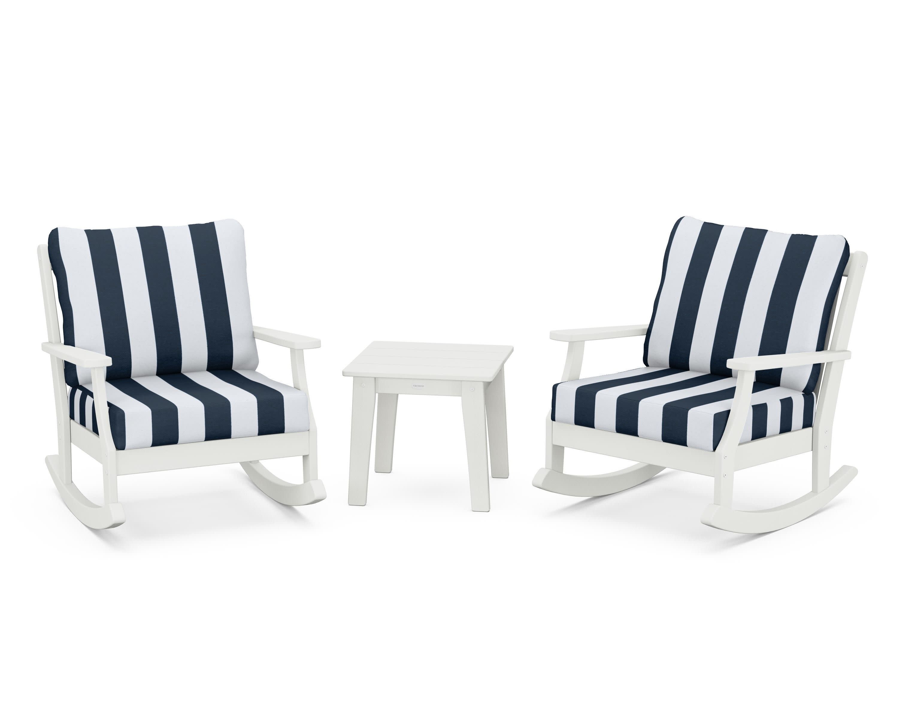 Braxton 3-Piece Deep Seating Rocker Set in Vintage White / Cabana Stripe Marine Indigo