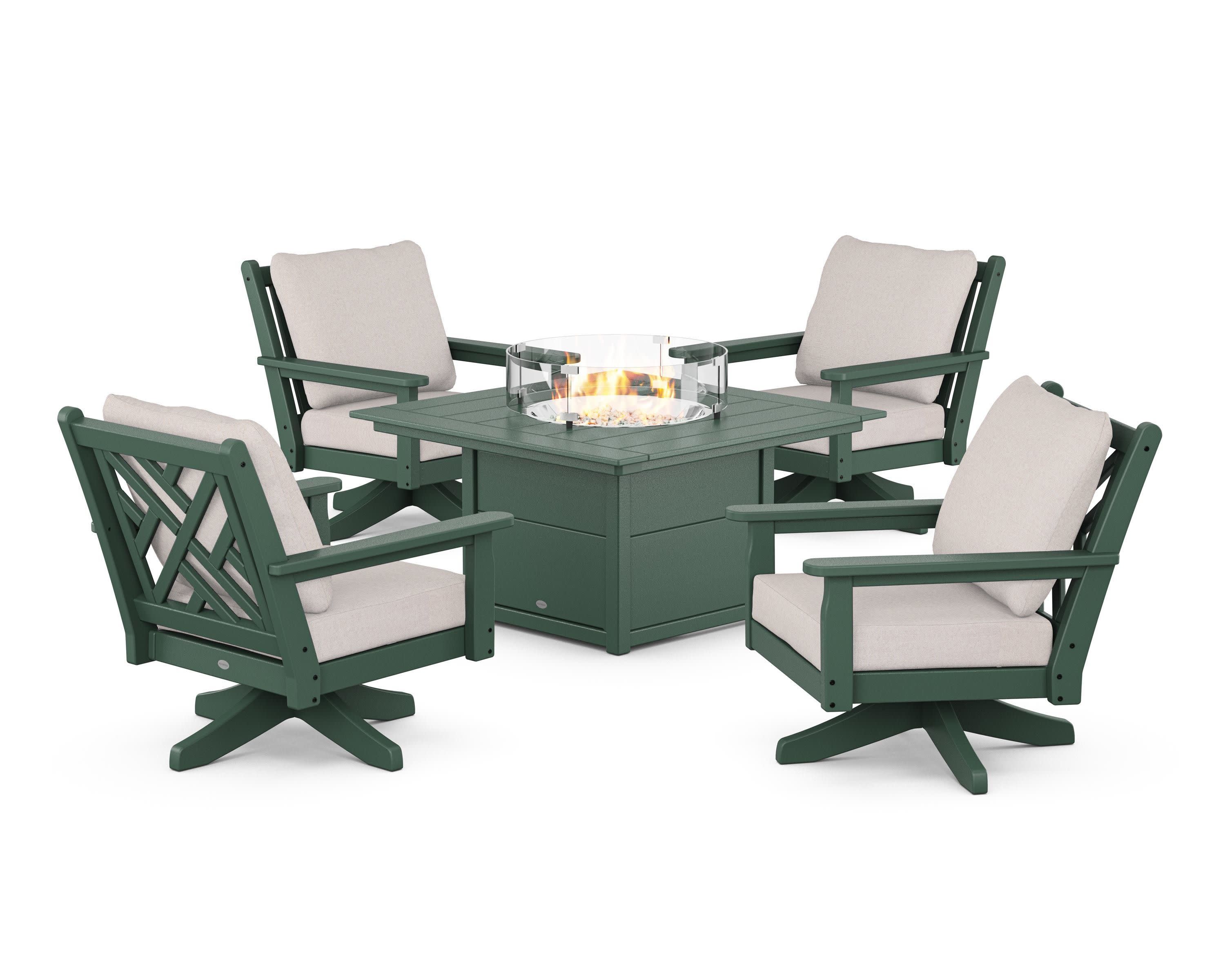 Chippendale 5-Piece Deep Seating Swivel Conversation Set with Fire Pit Table in Green / Dune Burlap
