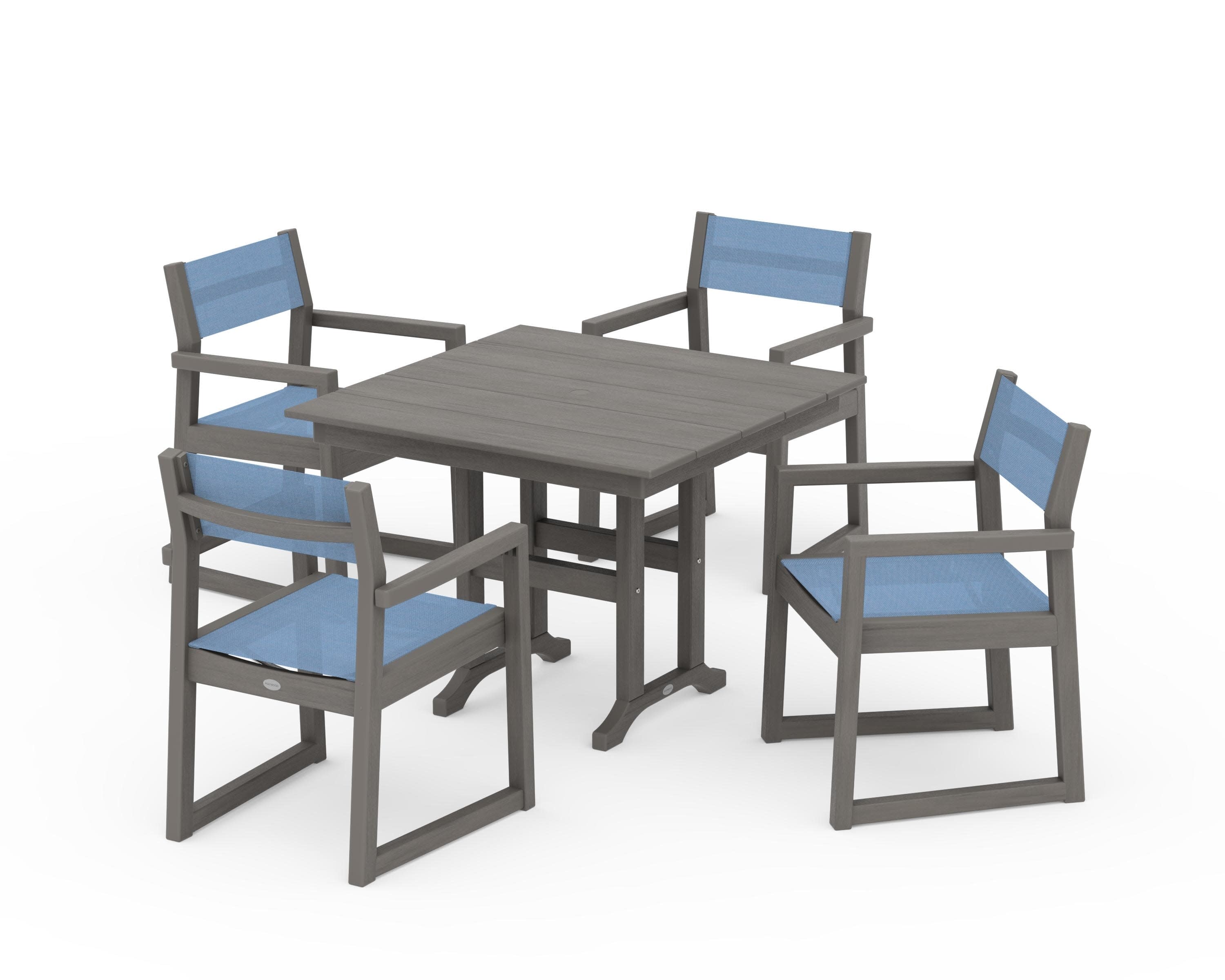 EDGE Sling Arm Chair 5-Piece Farmhouse Dining Set in Driftwood / Poolside Sling