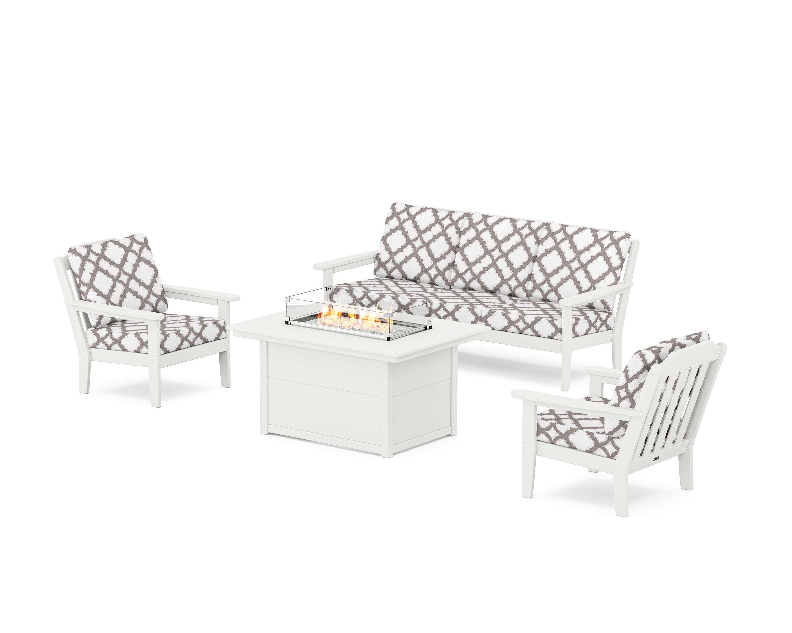 Cottage Deep Seating Fire Pit Table Set in White / Trellis Grey Mist