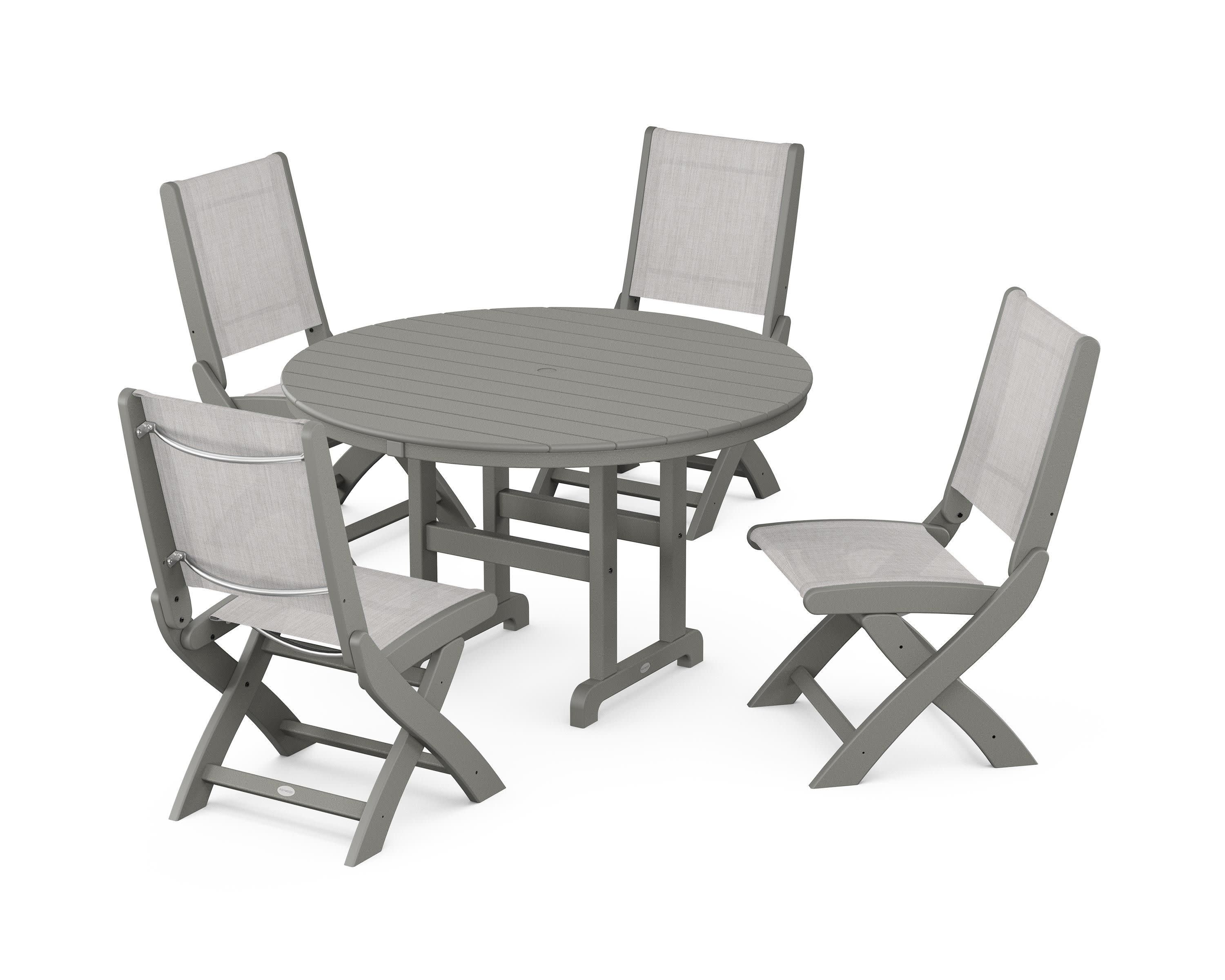 Coastal Folding Side Chair 5-Piece Round Dining Set in Slate Grey / Parchment Sling