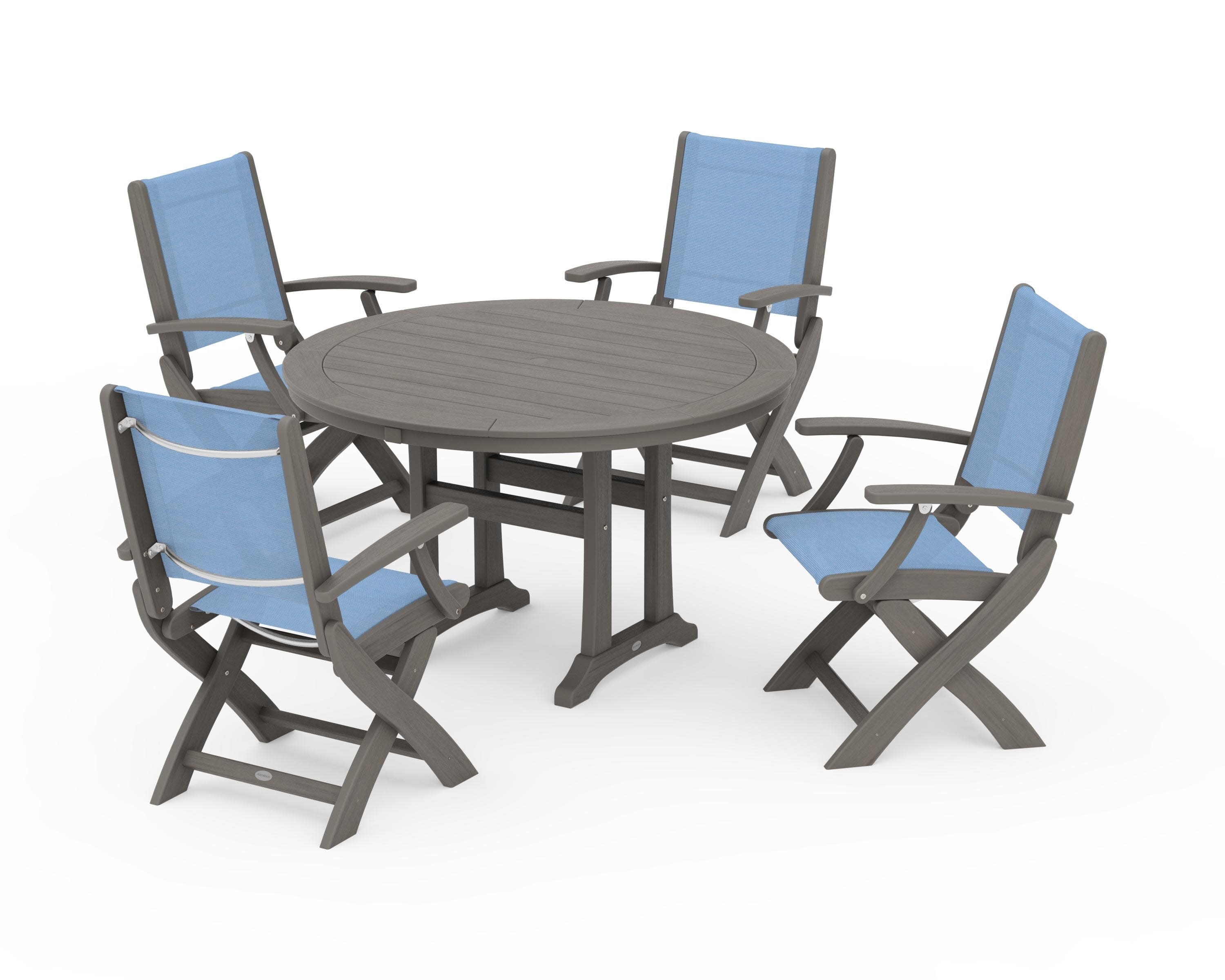 Coastal Folding Chair 5-Piece Round Dining Set with Trestle Legs in Driftwood / Poolside Sling