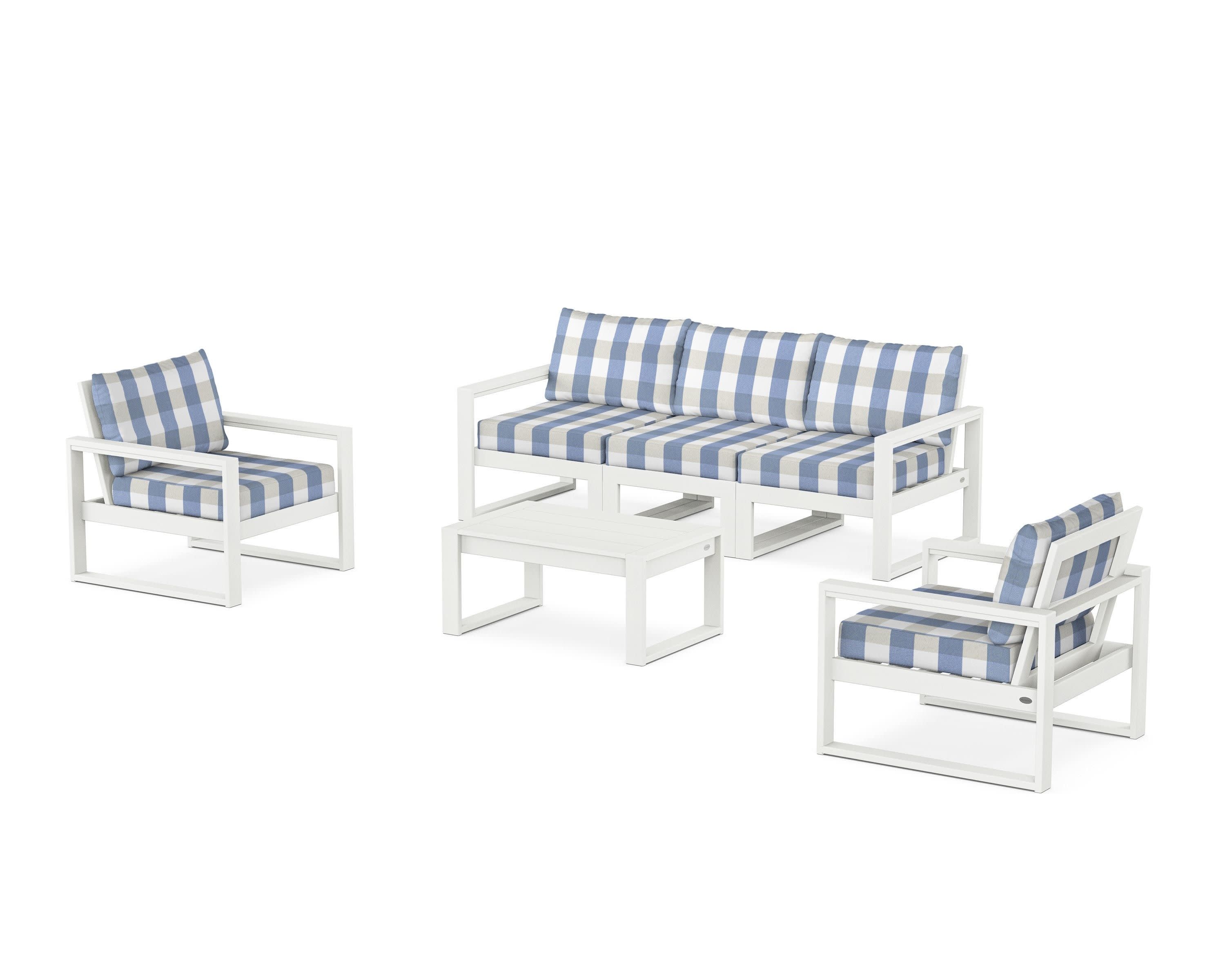EDGE Sectional 4-Piece Deep Seating Set with Sofa in Vintage White / Buffalo Plaid Sky Blue