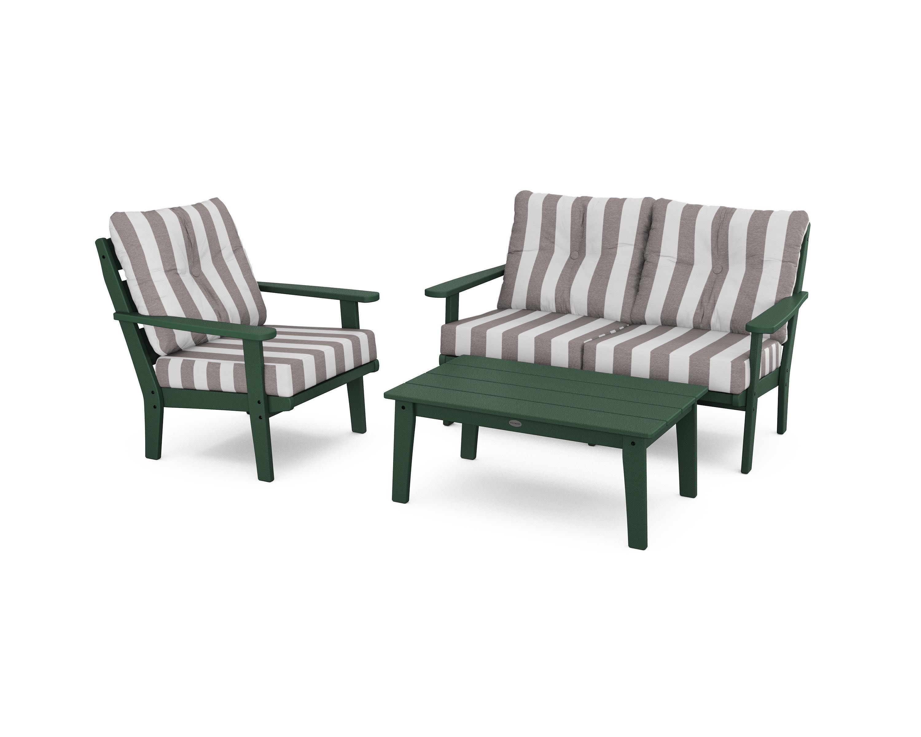Lakeside 3-Piece Deep Seating Set in Green / Cabana Stripe Grey Mist