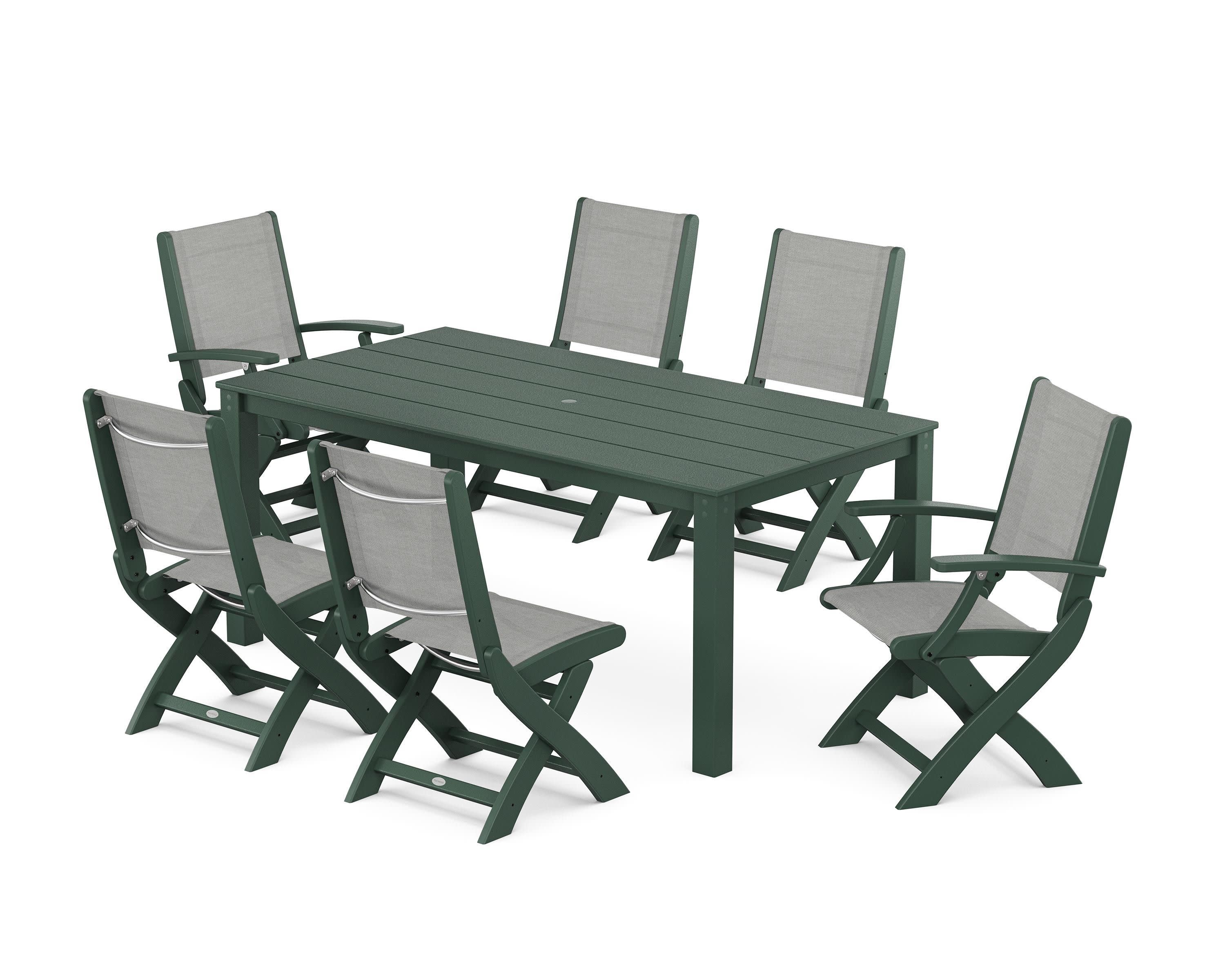 Coastal Folding Chair 7-Piece Parsons Dining Set in Green / Metallic Sling