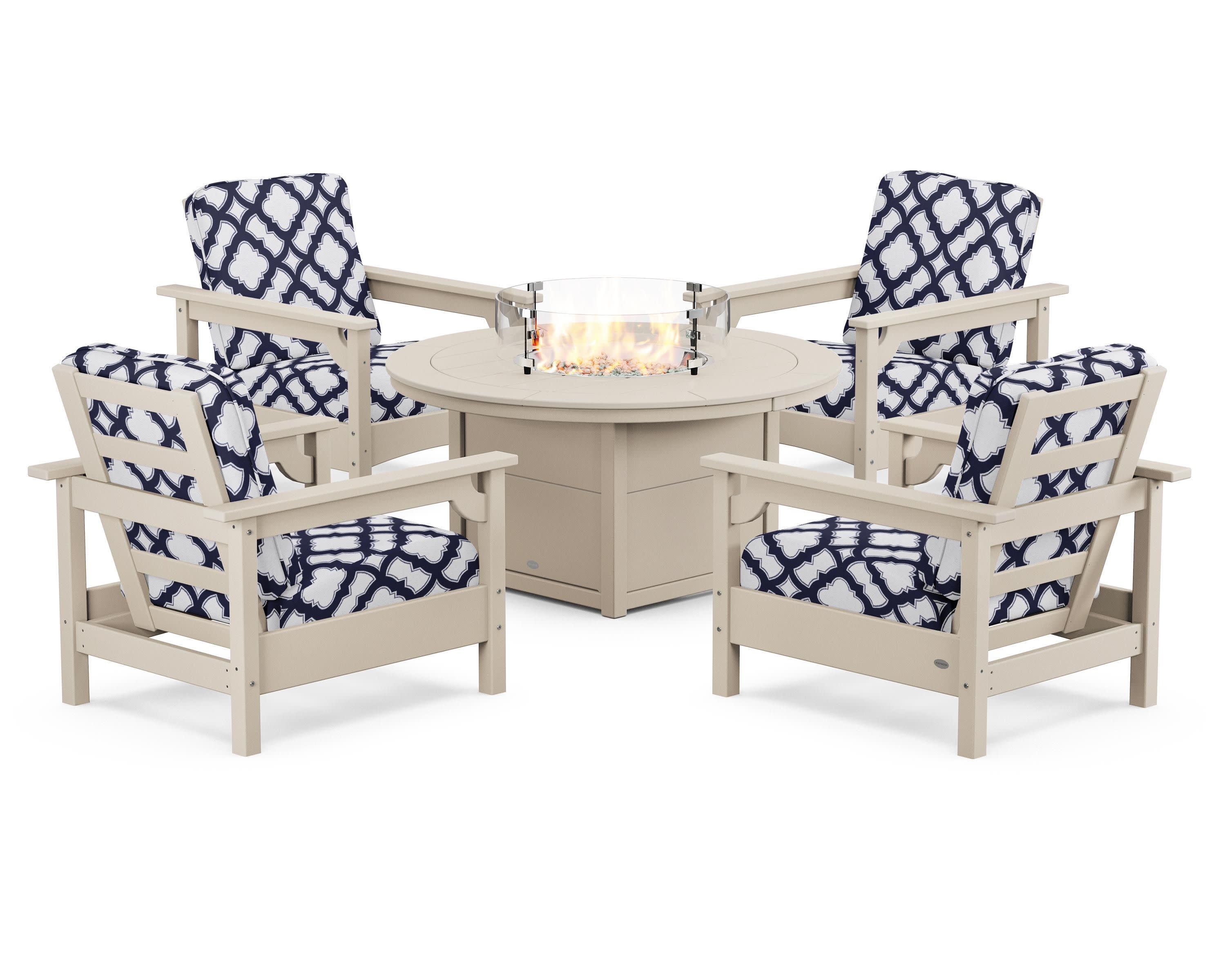 Club 5-Piece Conversation Set with Fire Pit Table in Sand / Trellis Navy