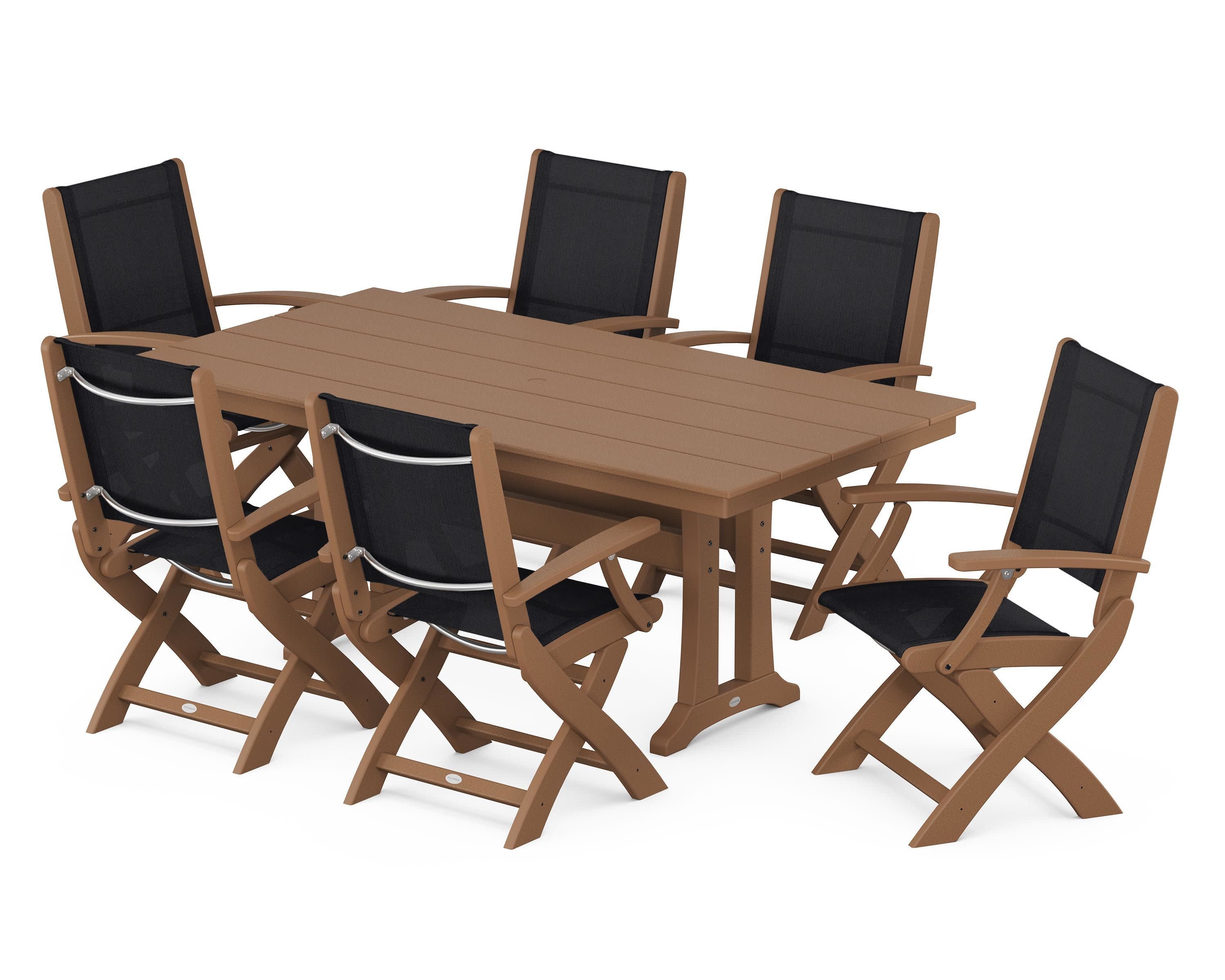 Coastal Folding Arm Chair 7-Piece Farmhouse Dining Set with Trestle Legs in Teak / Black Sling