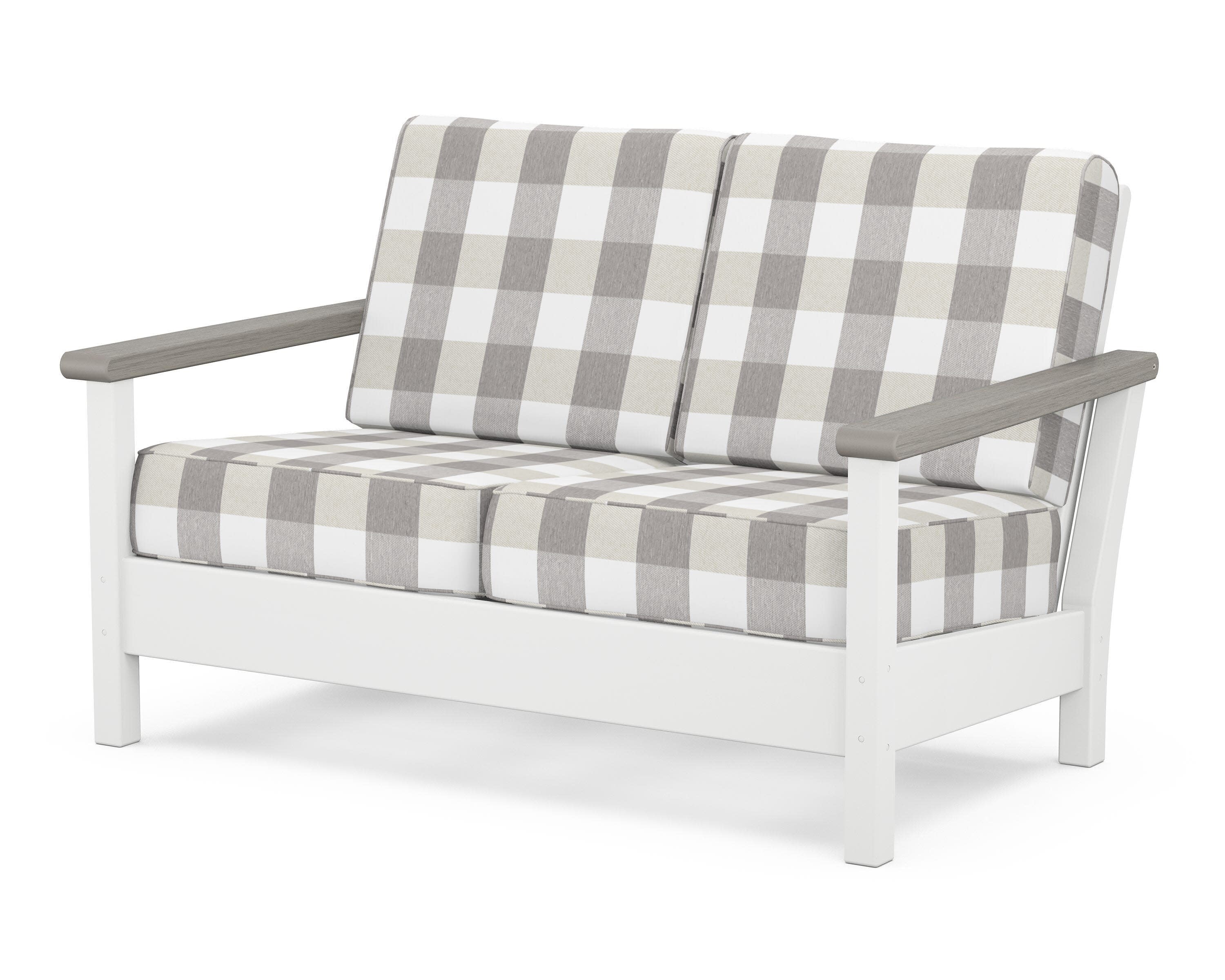 Harbour Deep Seating Loveseat in White / Driftwood / Buffalo Plaid Grey Mist