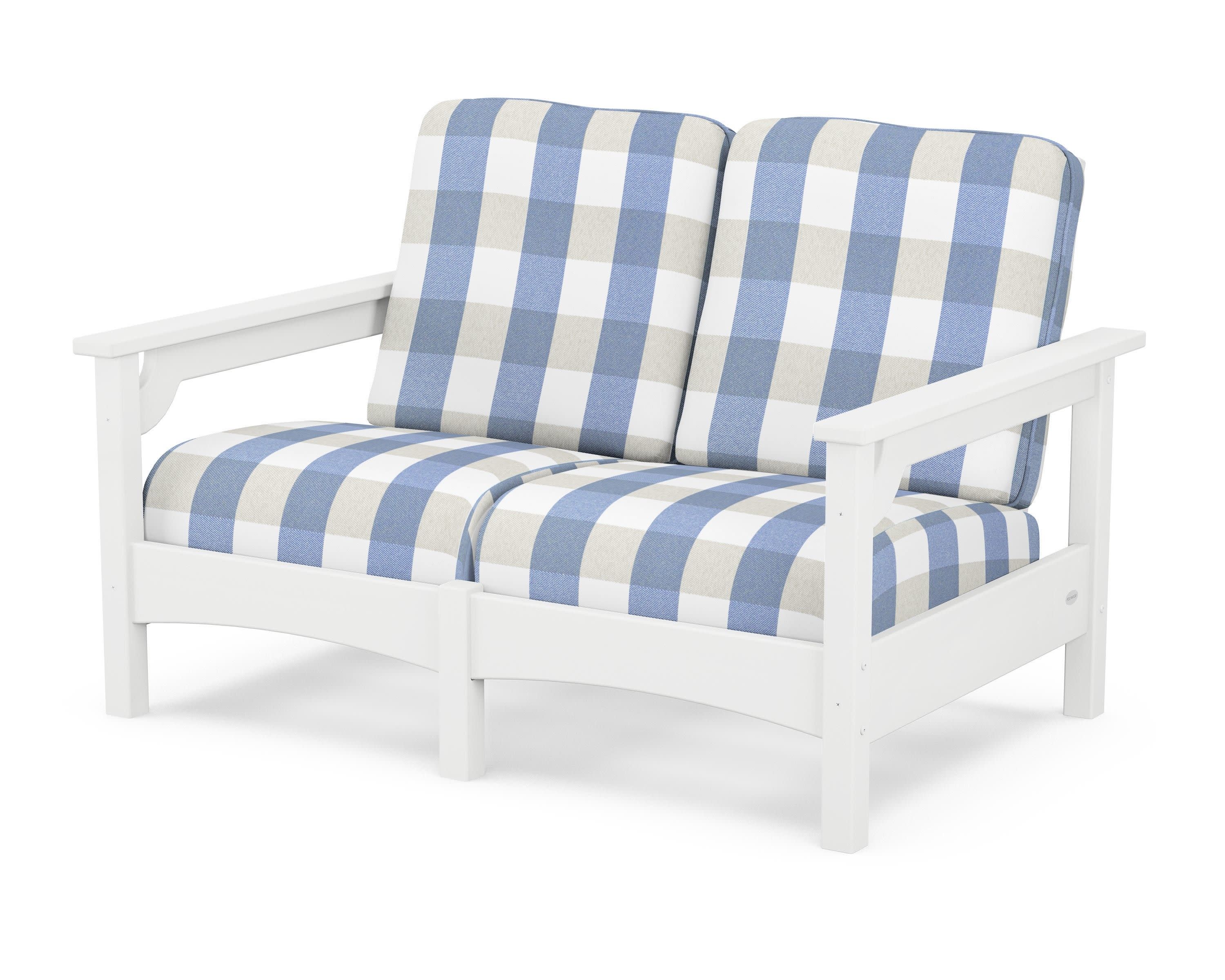 Club Loveseat in White / Buffalo Plaid Sky Blue