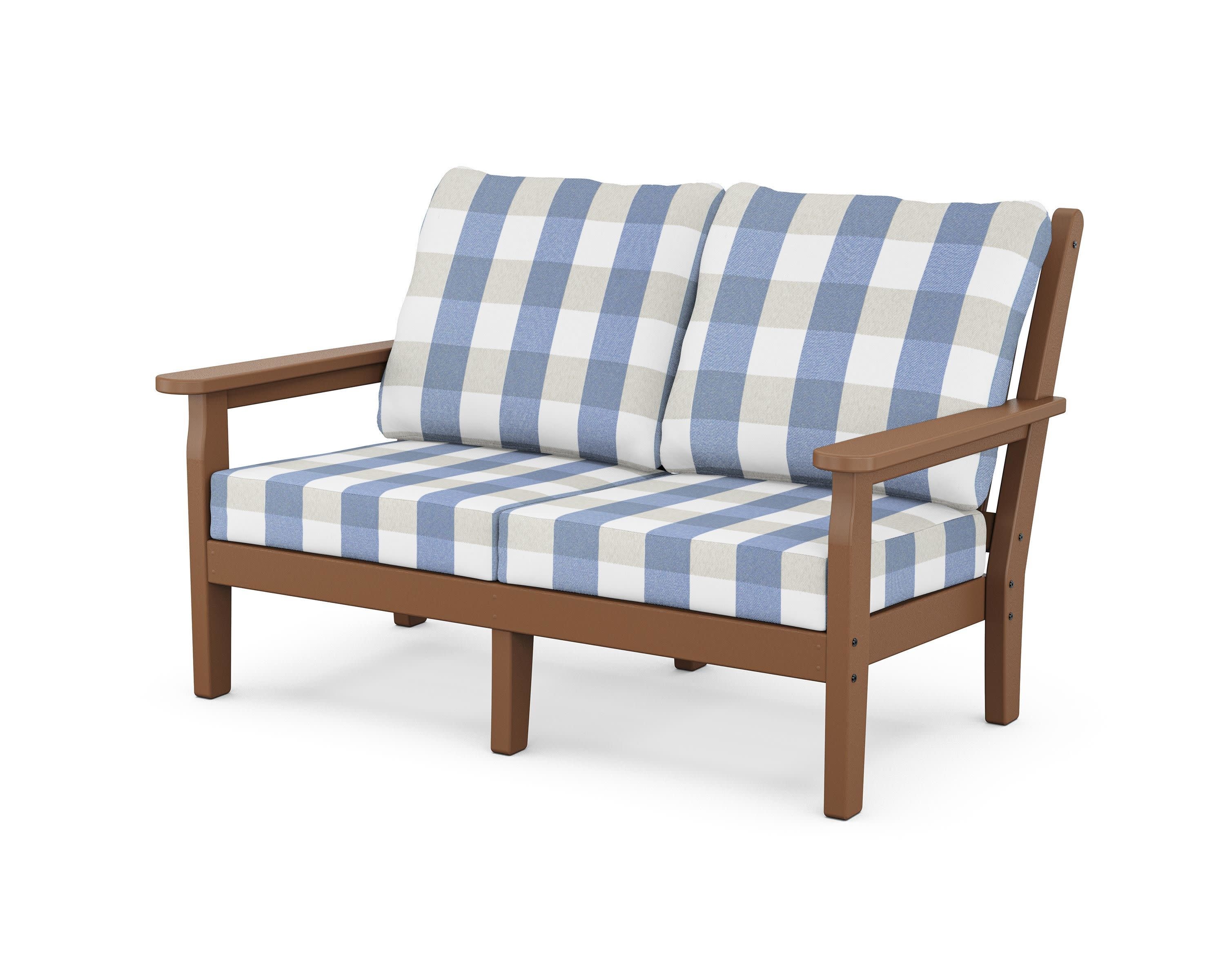 Chippendale Deep Seating Loveseat in Teak / Buffalo Plaid Sky Blue