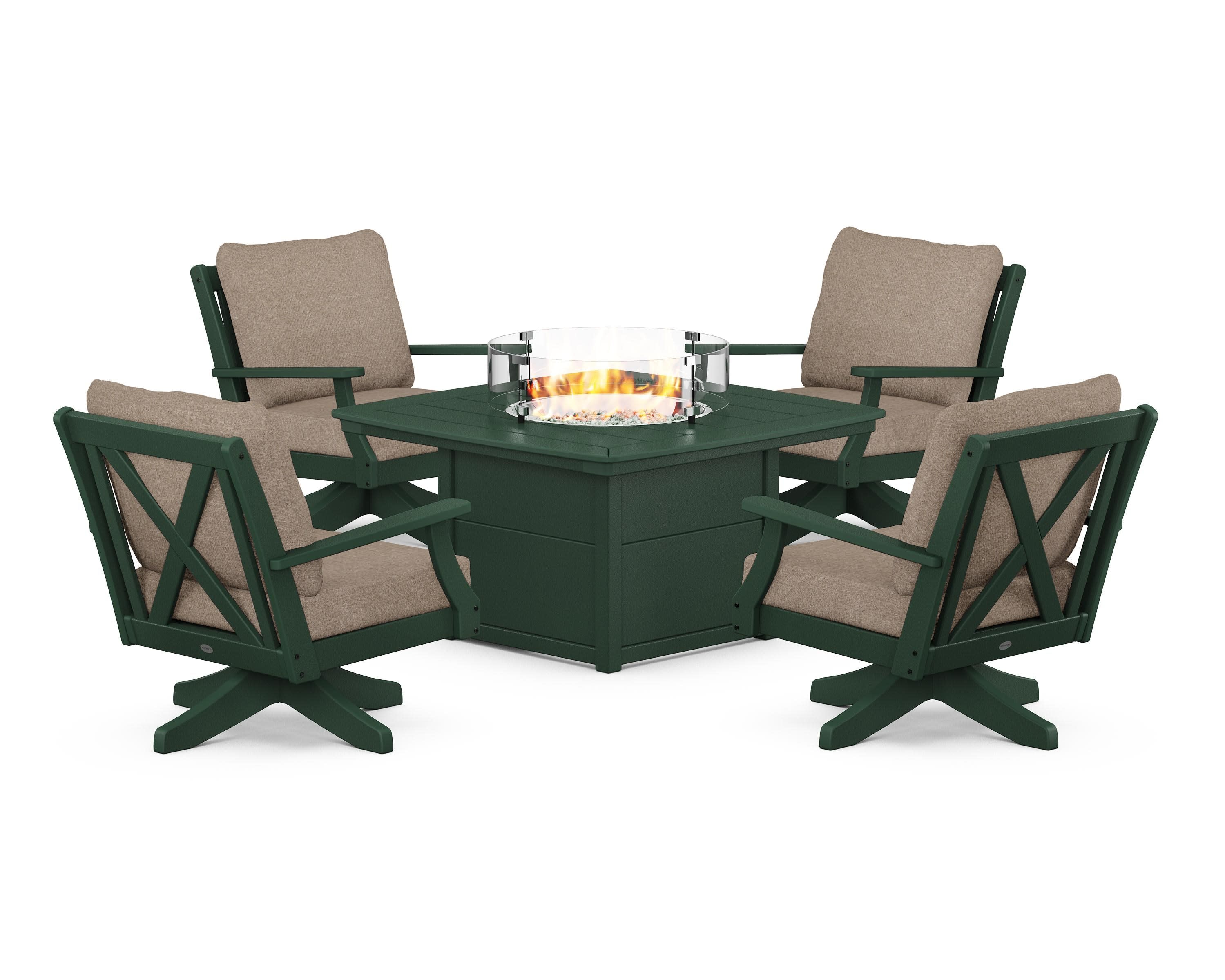 Braxton 5-Piece Deep Seating Swivel Conversation Set with Fire Pit Table in Green / Spiced Burlap