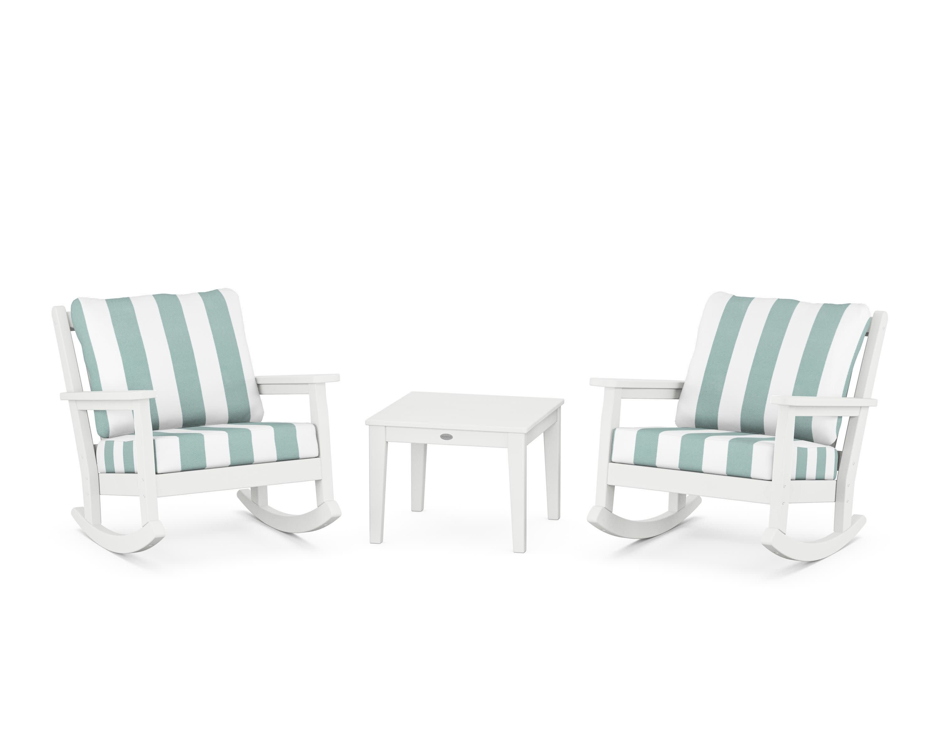 Chippendale 3-Piece Deep Seating Rocker Set in White / Cabana Stripe Glacier Spa