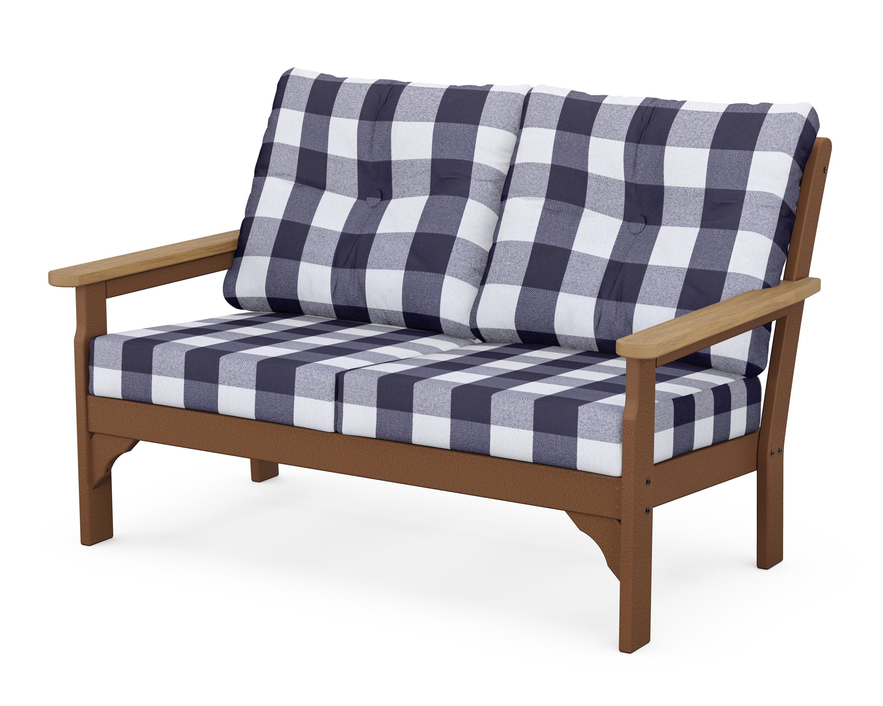 Vineyard Deep Seating Loveseat in Teak / Natural / Buffalo Plaid Navy