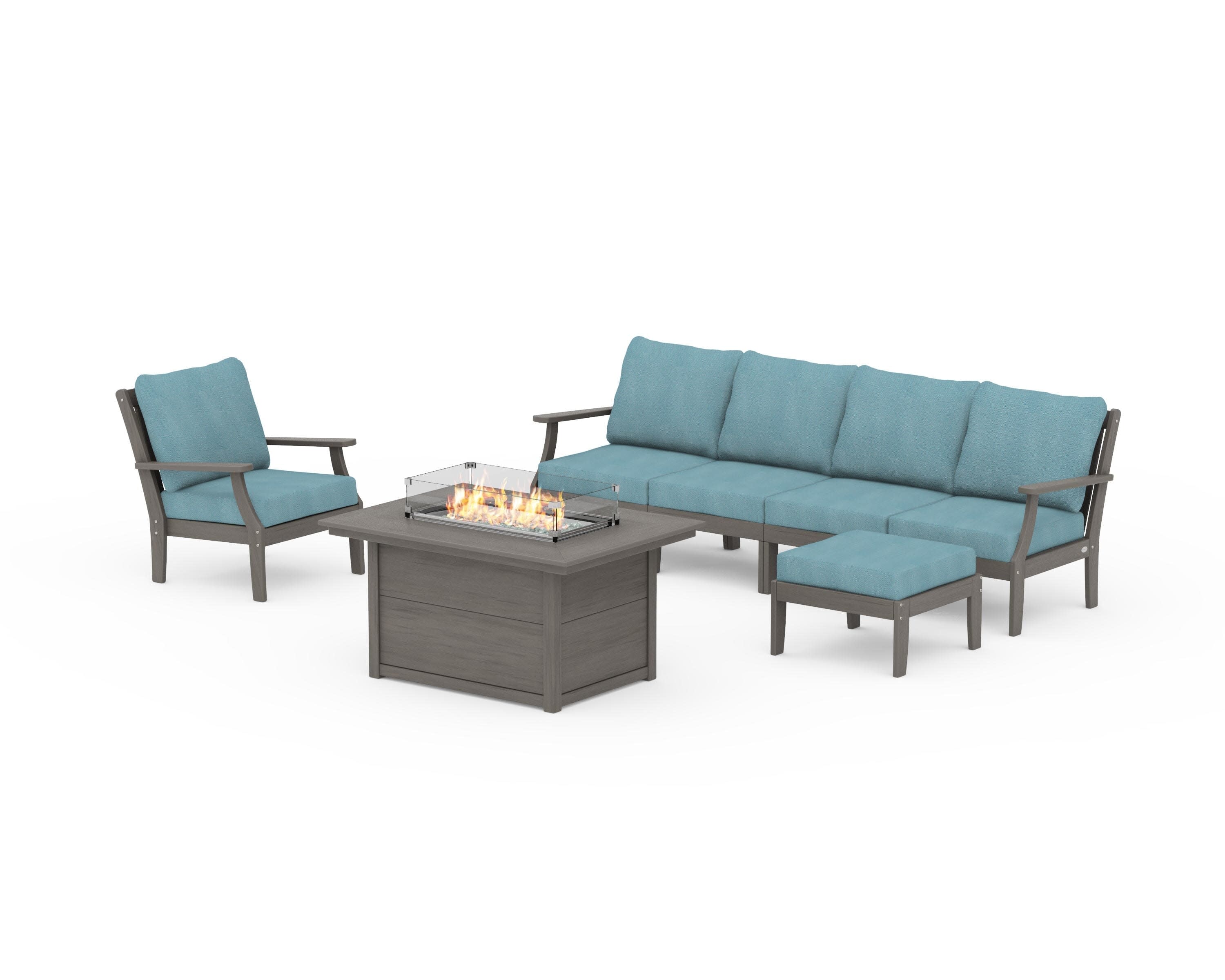 Braxton Sectional Lounge and Fire Pit Set in Driftwood / Lattice Sky Blue