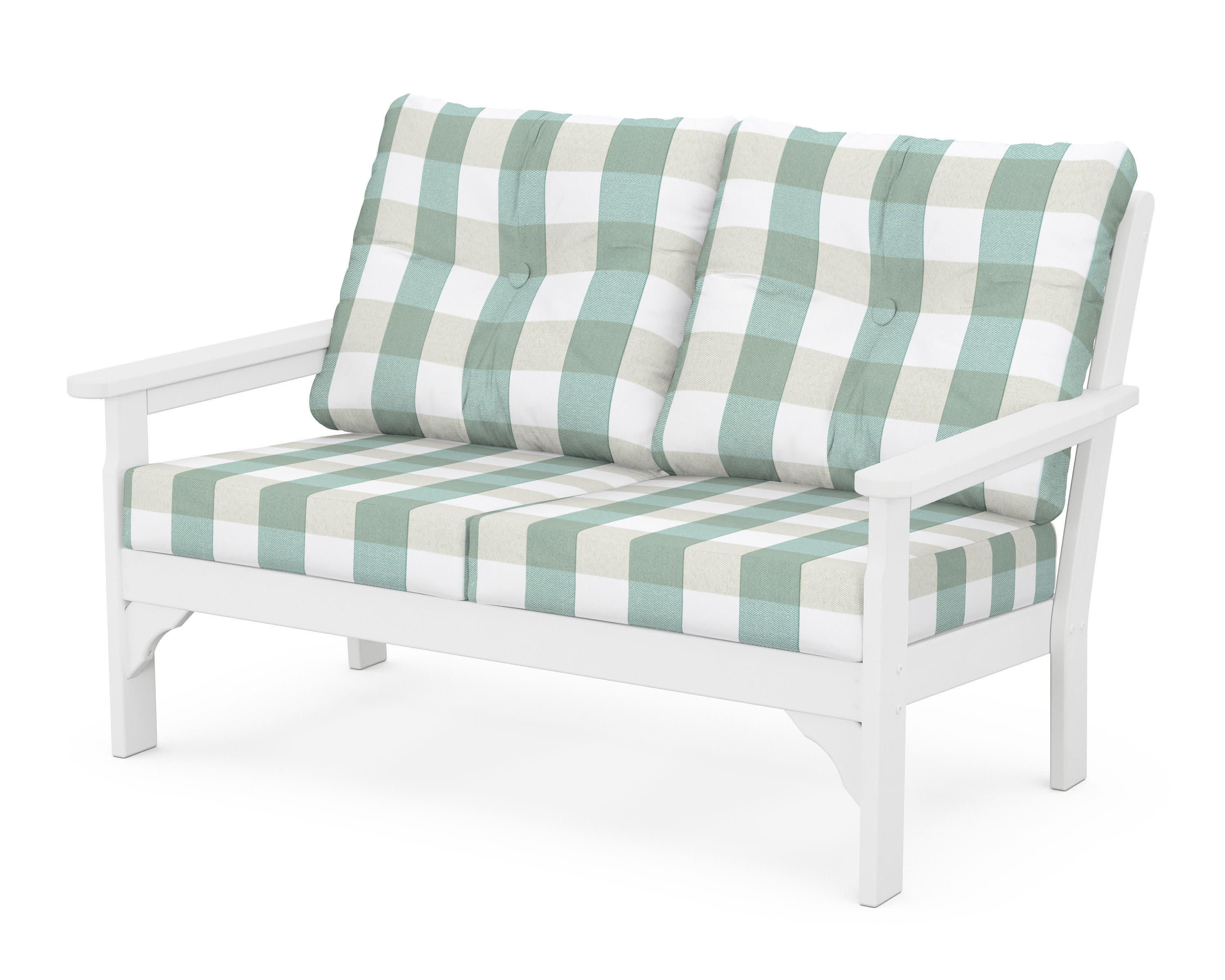 Vineyard Deep Seating Loveseat in White / Buffalo Plaid Glacier Spa