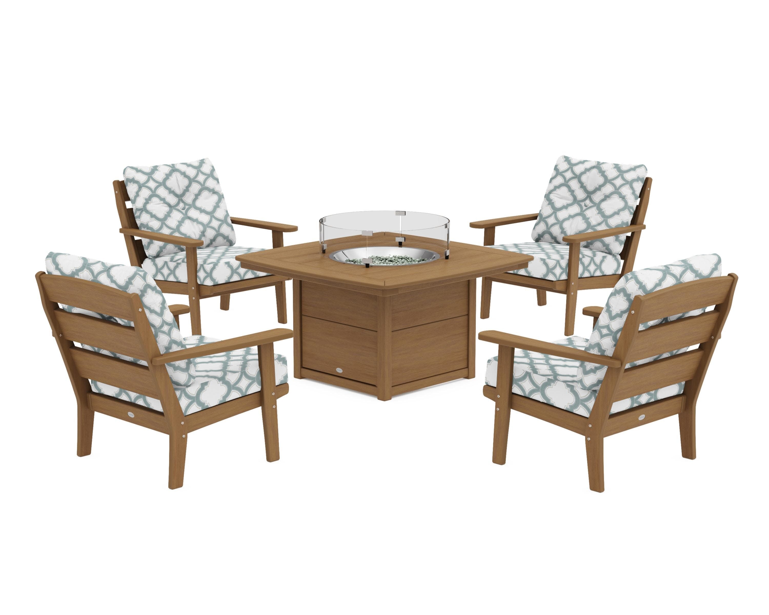 Lakeside 5-Piece Deep Seating Set with Nautical Fire Pit Table in Natural / Trellis Glacier Spa