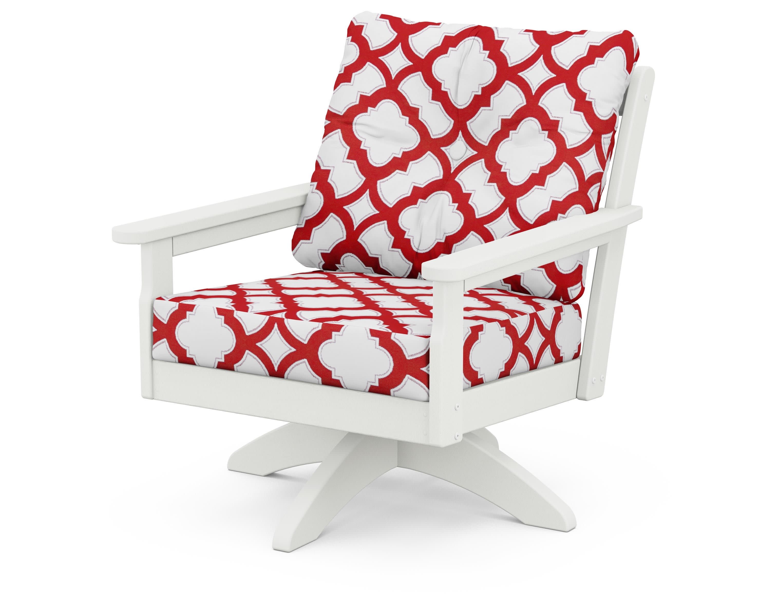 Vineyard Deep Seating Swivel Chair in Vintage White / Trellis Crimson