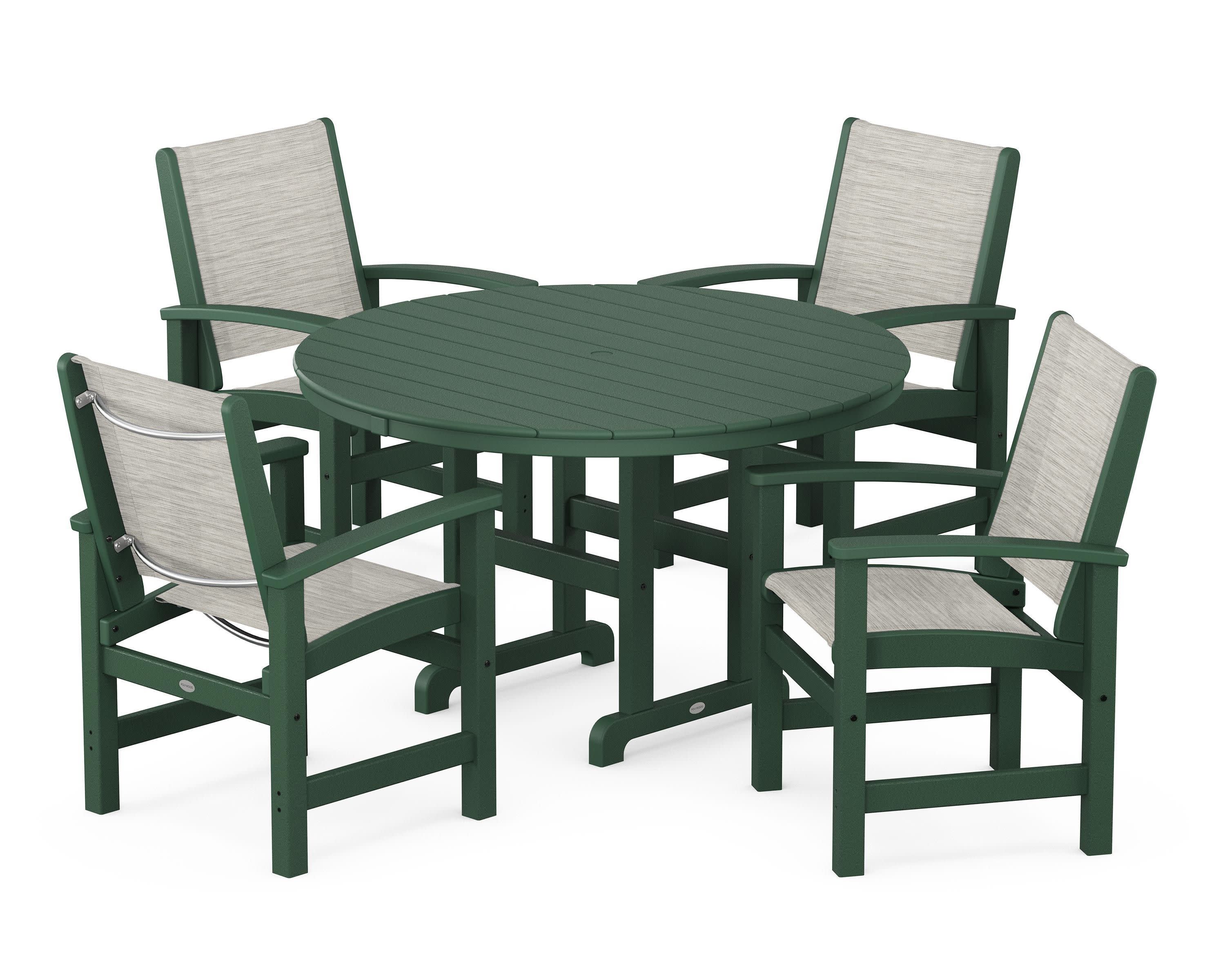 Coastal 5-Piece Round Farmhouse Dining Set in Green / Birch Sling
