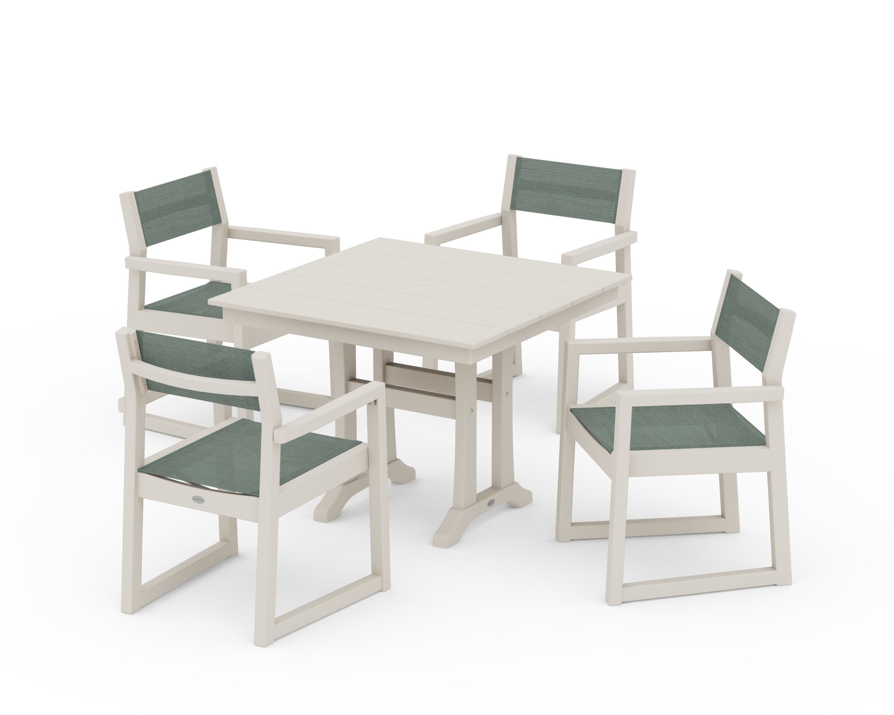 EDGE Sling 5-Piece Farmhouse Dining Set with Trestle Legs in Sand / Dupioni Sea Mist Sling