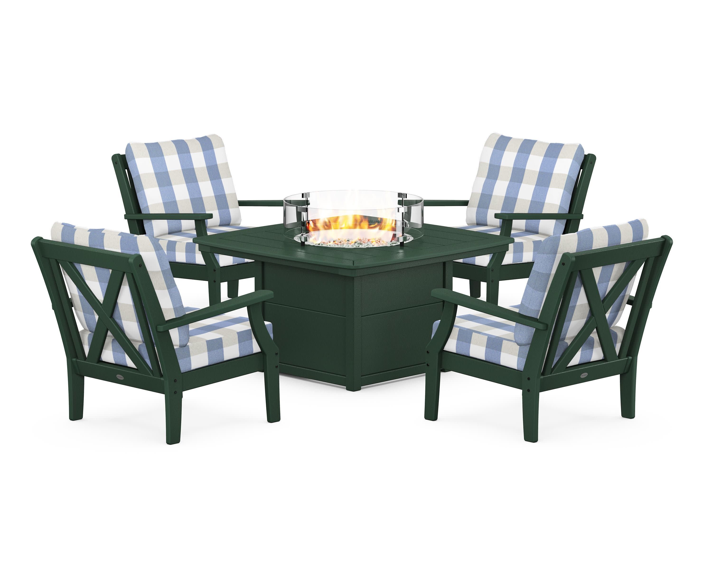Braxton 5-Piece Deep Seating Conversation Set with Fire Pit Table in Green / Buffalo Plaid Sky Blue