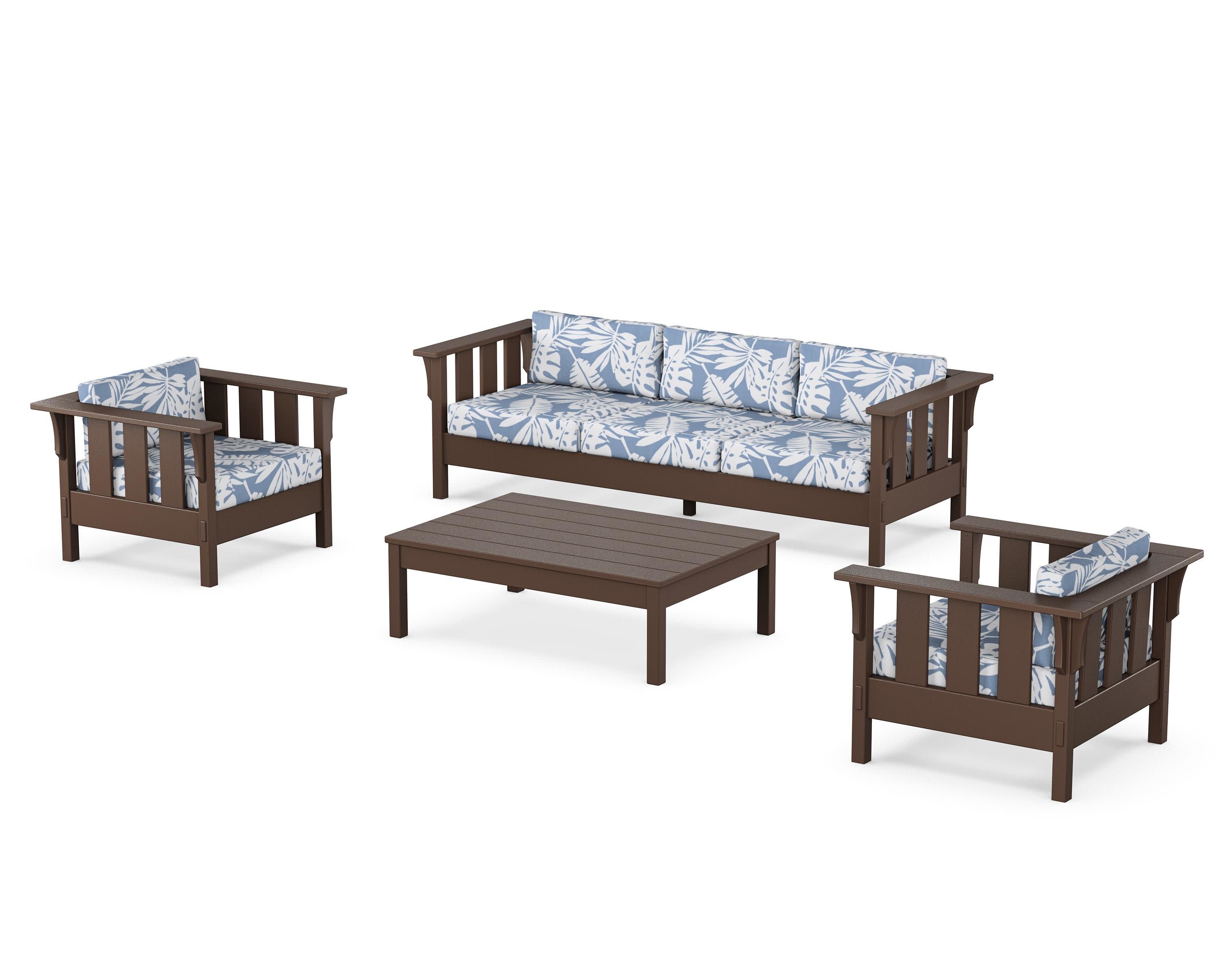 Acadia 4-Piece Deep Seating Set with Sofa in Mahogany / Leaf Sky Blue