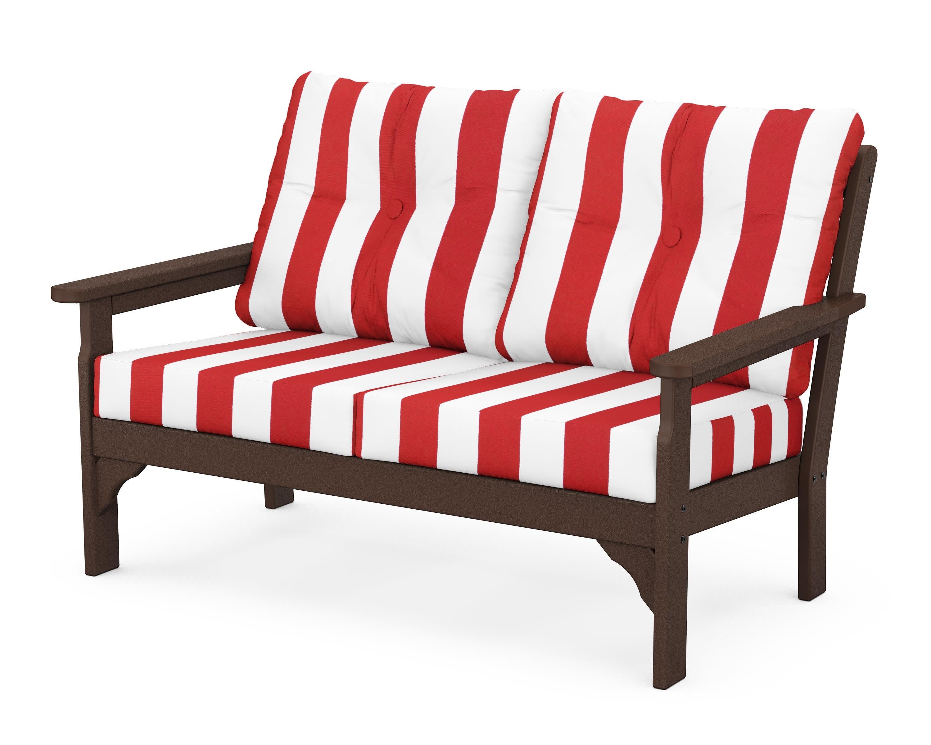 Vineyard Deep Seating Loveseat in Mahogany / Cabana Stripe Crimson