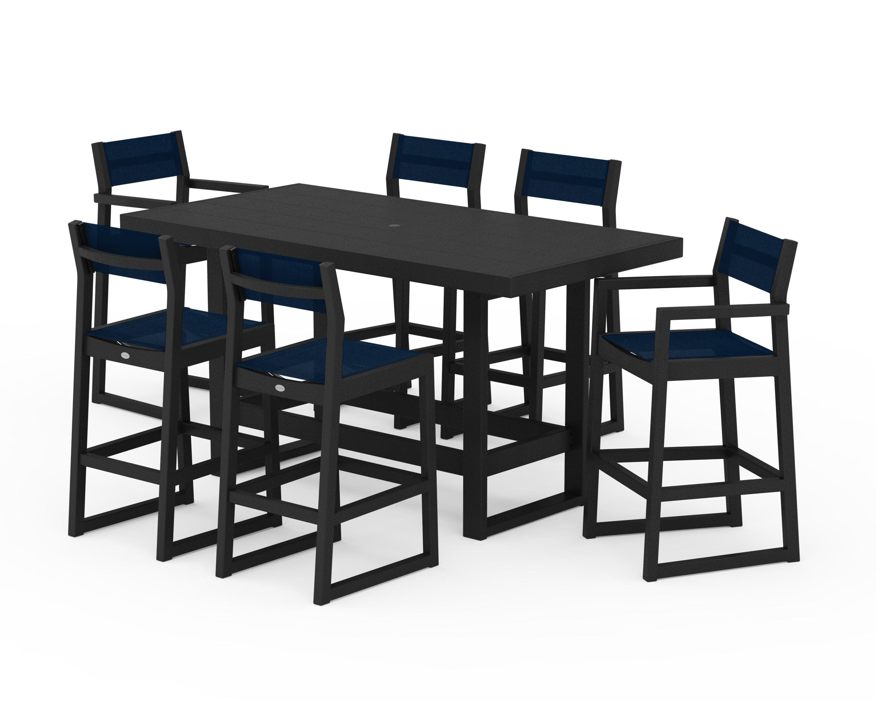 EDGE Sling 7-Piece Bar Table Set in Black / Navy Blue Sling