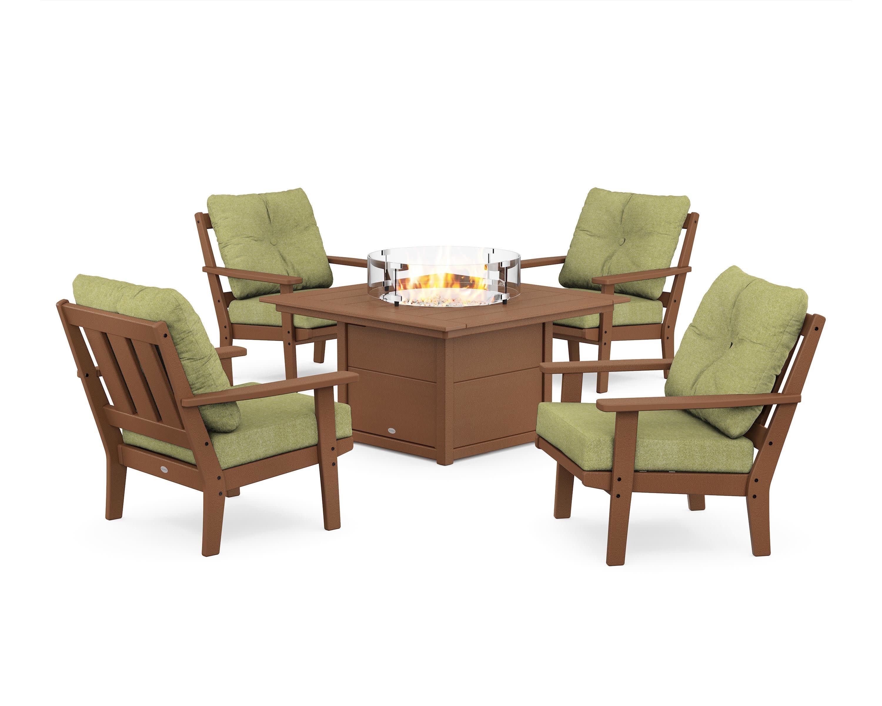 Oxford 5-Piece Deep Seating Set with Fire Pit Table in Teak / Chartreuse Boucle